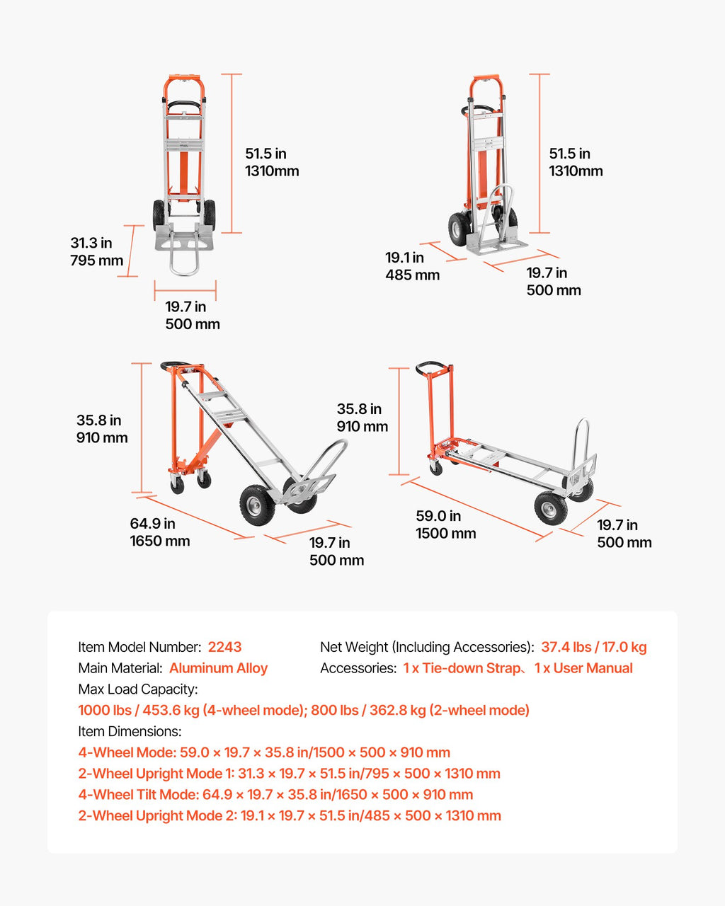 Daugiafunkcis transportavimo vežimėlis VEVOR 2243, 453,6 kg keliamoji galia