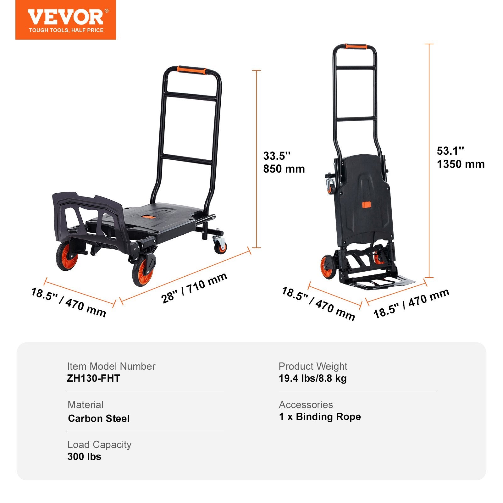 Sulankstomas vežimėlis VEVOR ZH130-FHT, 136 kg keliamoji galia
