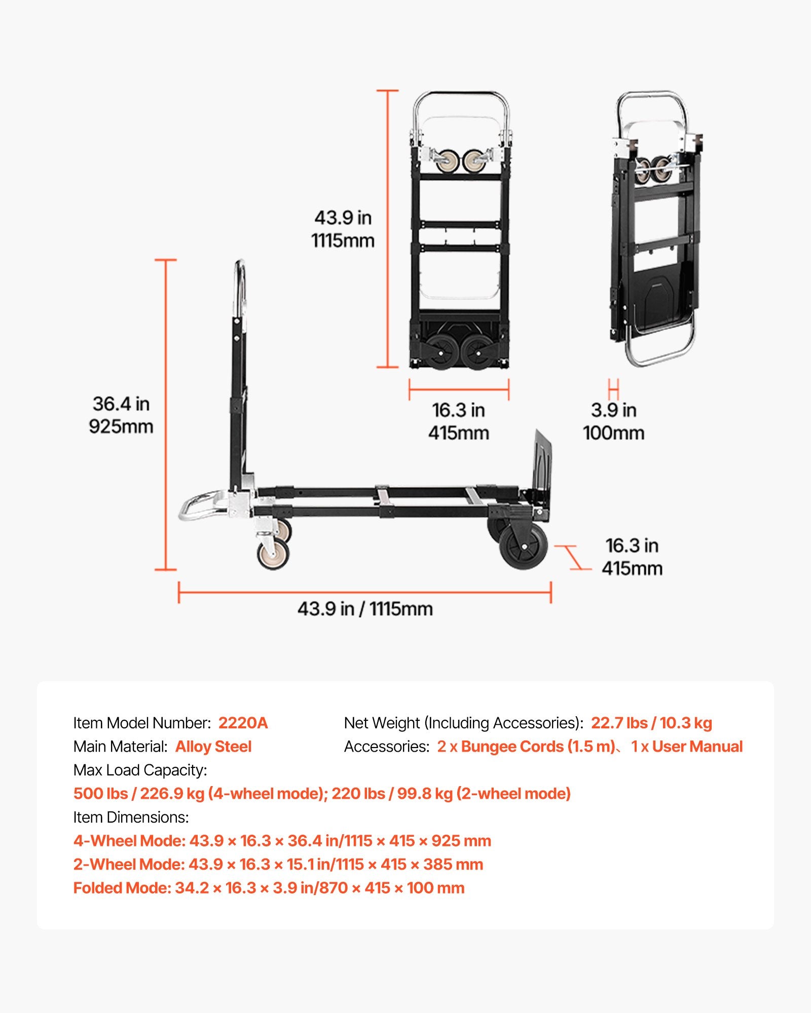 Sulankstomas transportavimo vežimėlis VEVOR 2220A, 226,9 kg