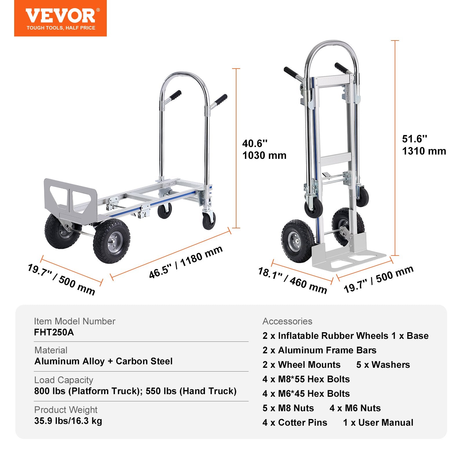 Universalus transportavimo vežimėlis VEVOR FHT250A, 363 kg keliamoji galia