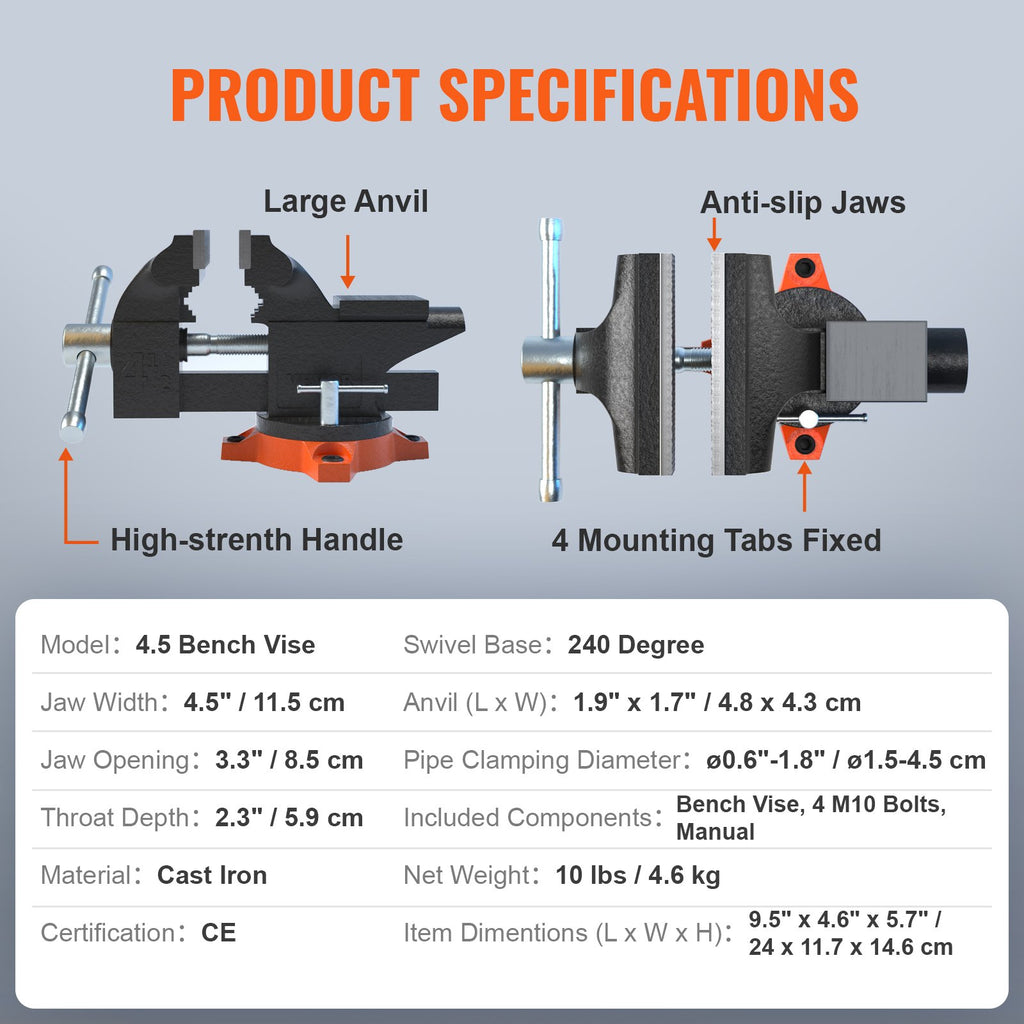 Stalinis spaustuvas VEVOR 4.5 Bench Vise, 114 mm pločio žiotys