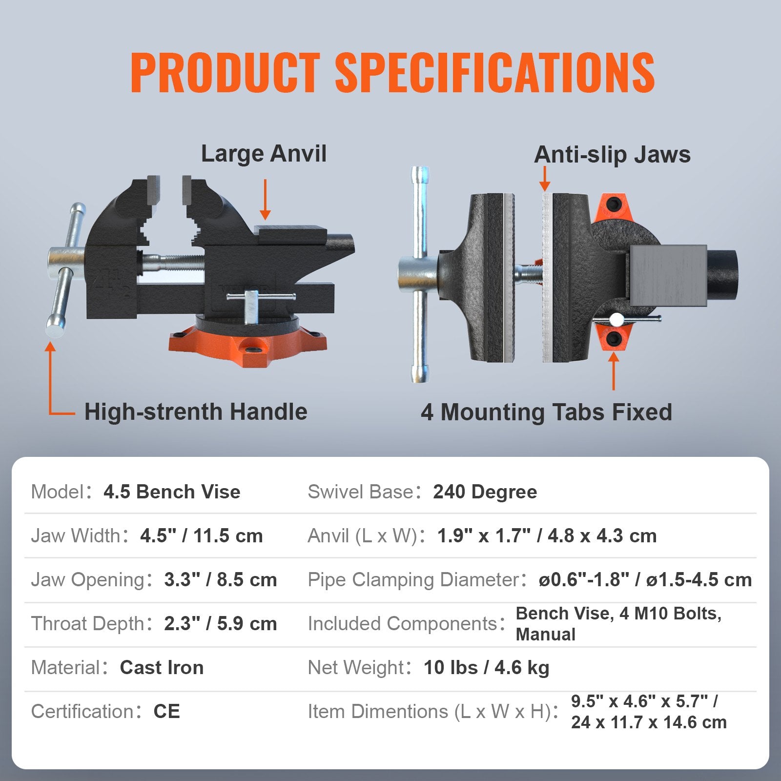 Stalinis spaustuvas VEVOR 4.5 Bench Vise, 114 mm pločio žiotys