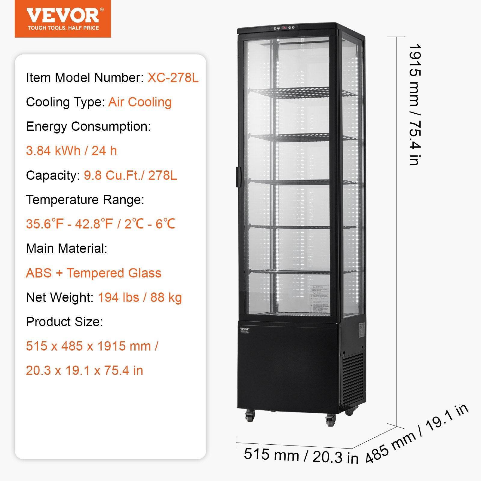 Šaldymo vitrina VEVOR XC-278L, 278 l