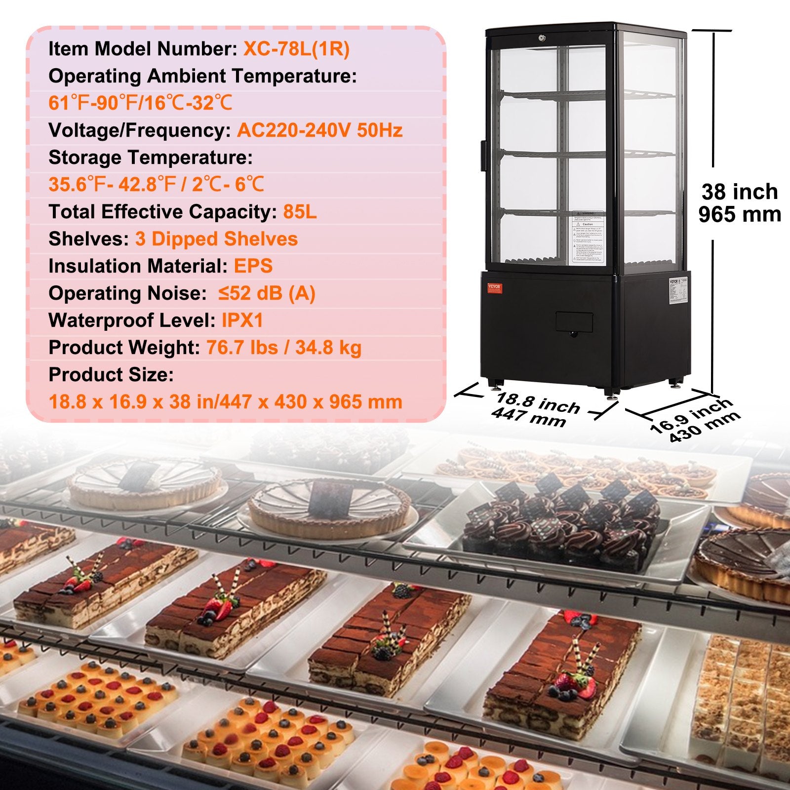 Šaldoma vitrina VEVOR XC-78L(1R), 85 l talpa