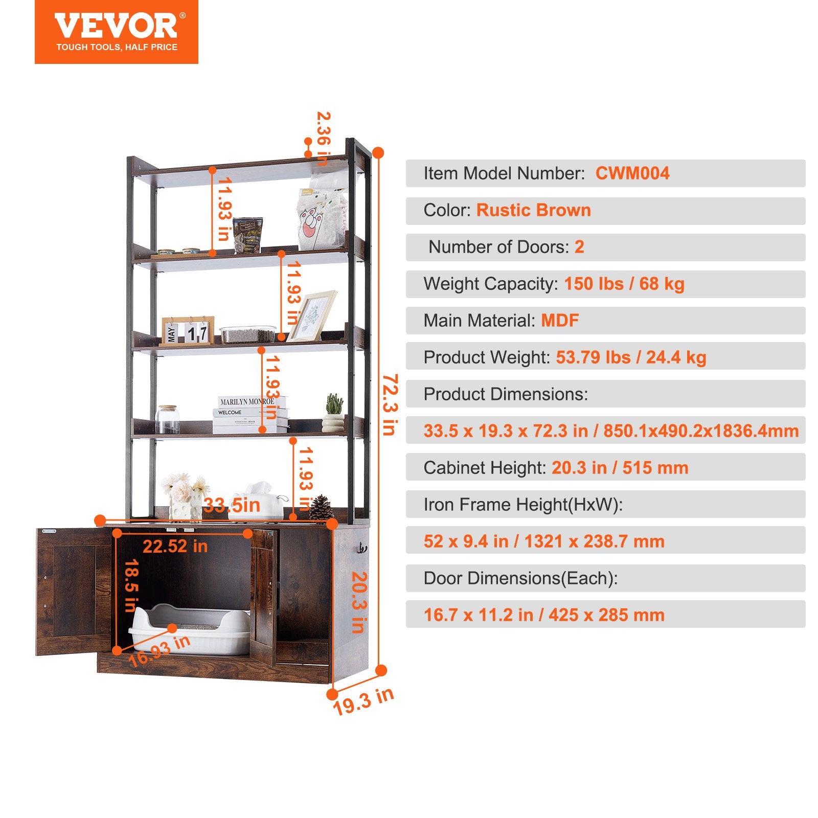 Kačių tualeto spintelė VEVOR CWM004, 183,6 cm aukščio