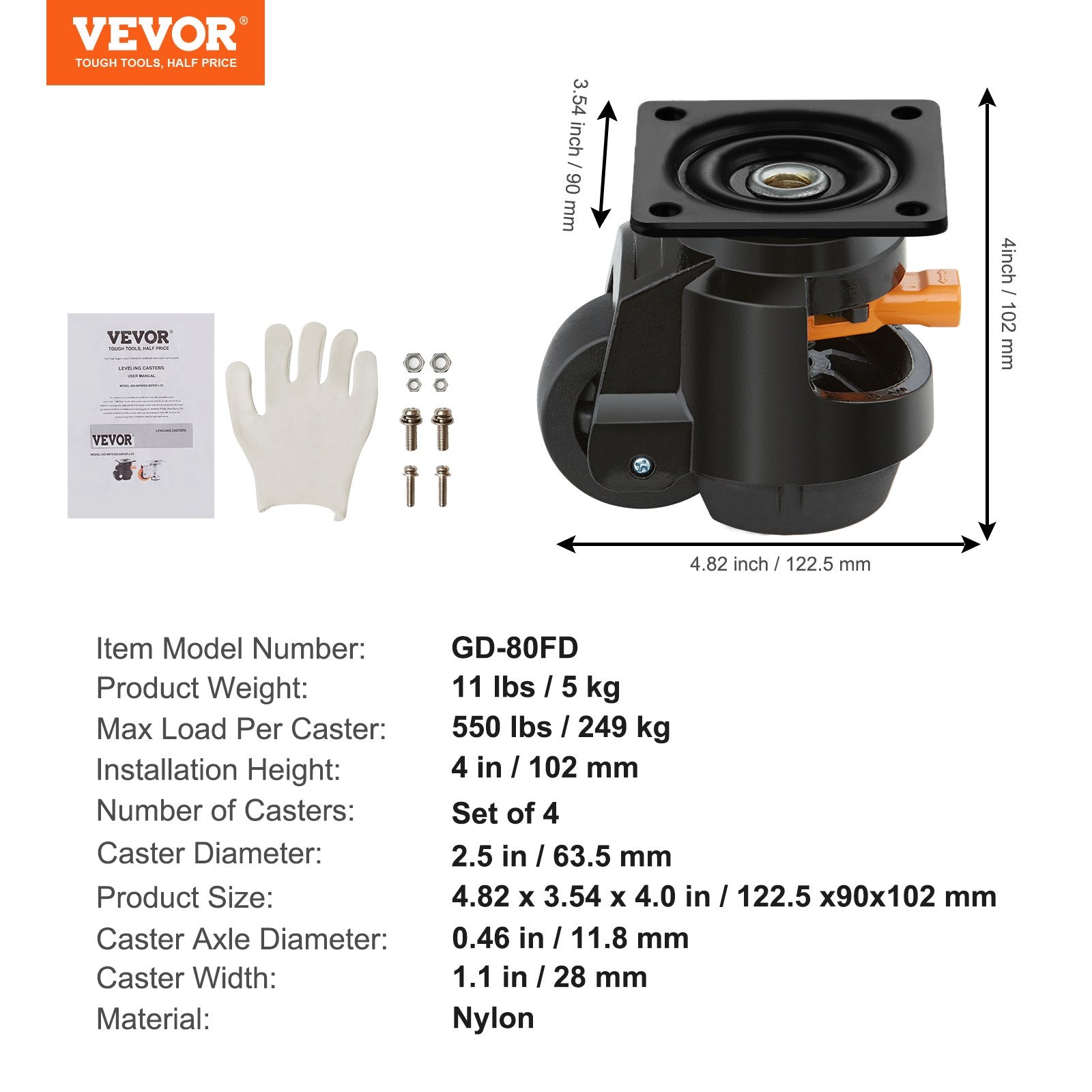 Reguliuojamo aukščio ratukai VEVOR GD-80FD, 1000 kg keliamoji galia