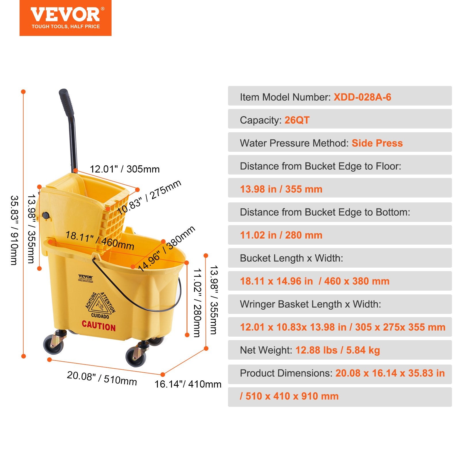 Grindų plovimo vežimėlis su gręžtuvu VEVOR XDD-028A-6, 25 l