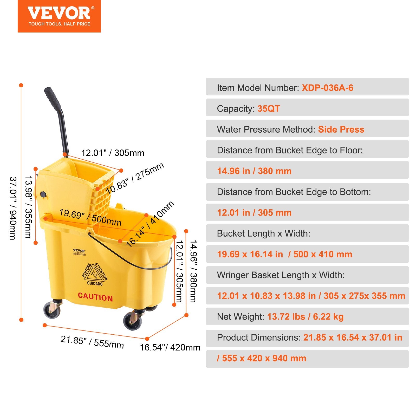 Grindų plovimo kibiras su gręžtuvu VEVOR XDP-036A-6, 33 l