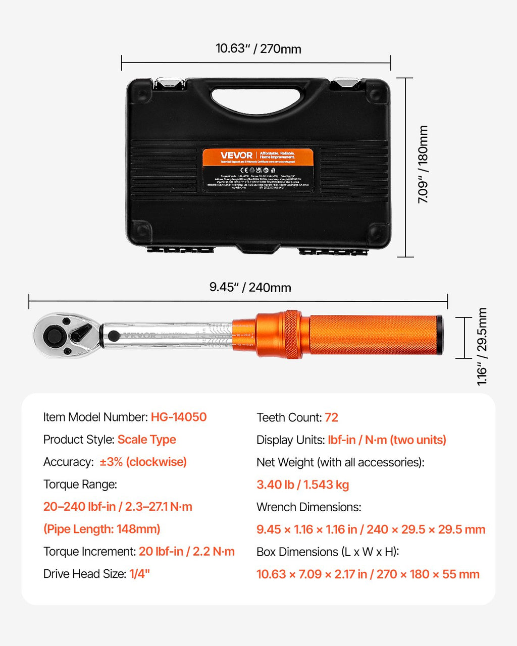 Dinamometrinis raktas VEVOR HG-14050, 1/4", 2,3–27,1 Nm