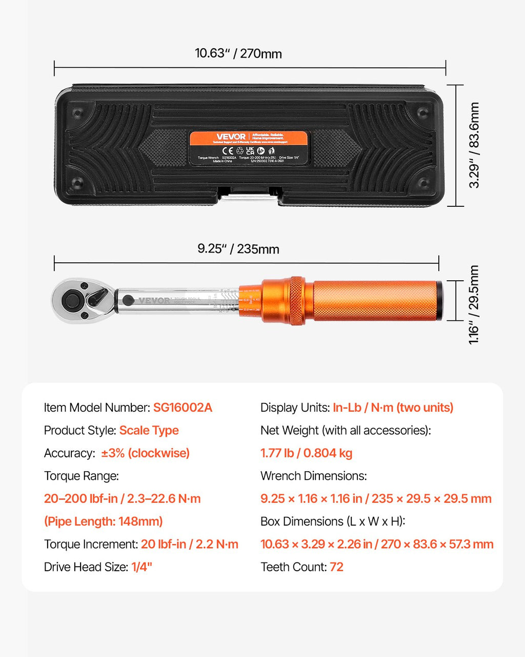 Dinamometrinis raktas VEVOR SG16002A, 2.3-22.6 Nm