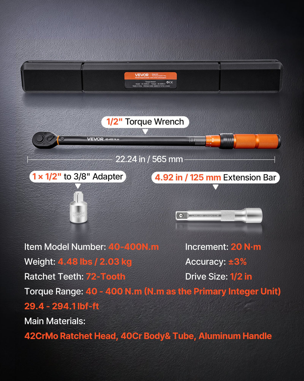 Dinamometrinis raktas VEVOR 40-400N.m, 1/2", 40-400 N.m