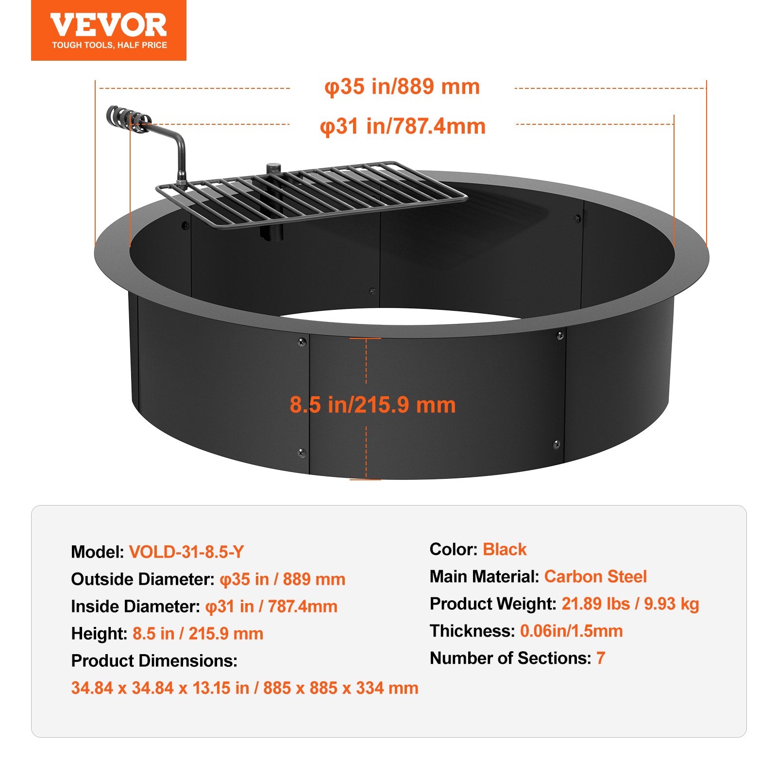 Laužavietės žiedas VEVOR VOLD-31-8.5-Y, 89 cm skersmens