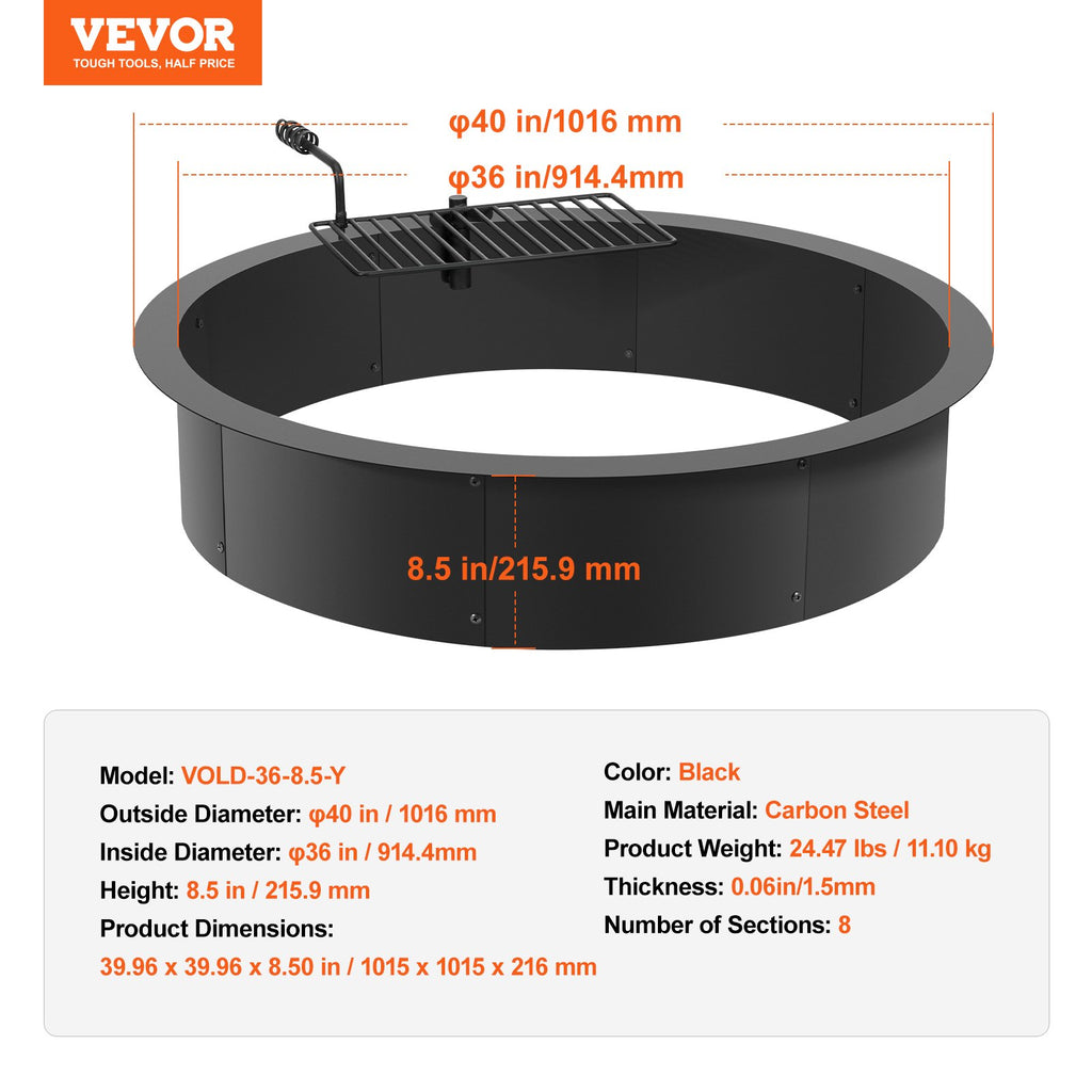 Laužavietės žiedas VEVOR VOLD-36-8.5-Y, 101,6 cm išorinis skersmuo