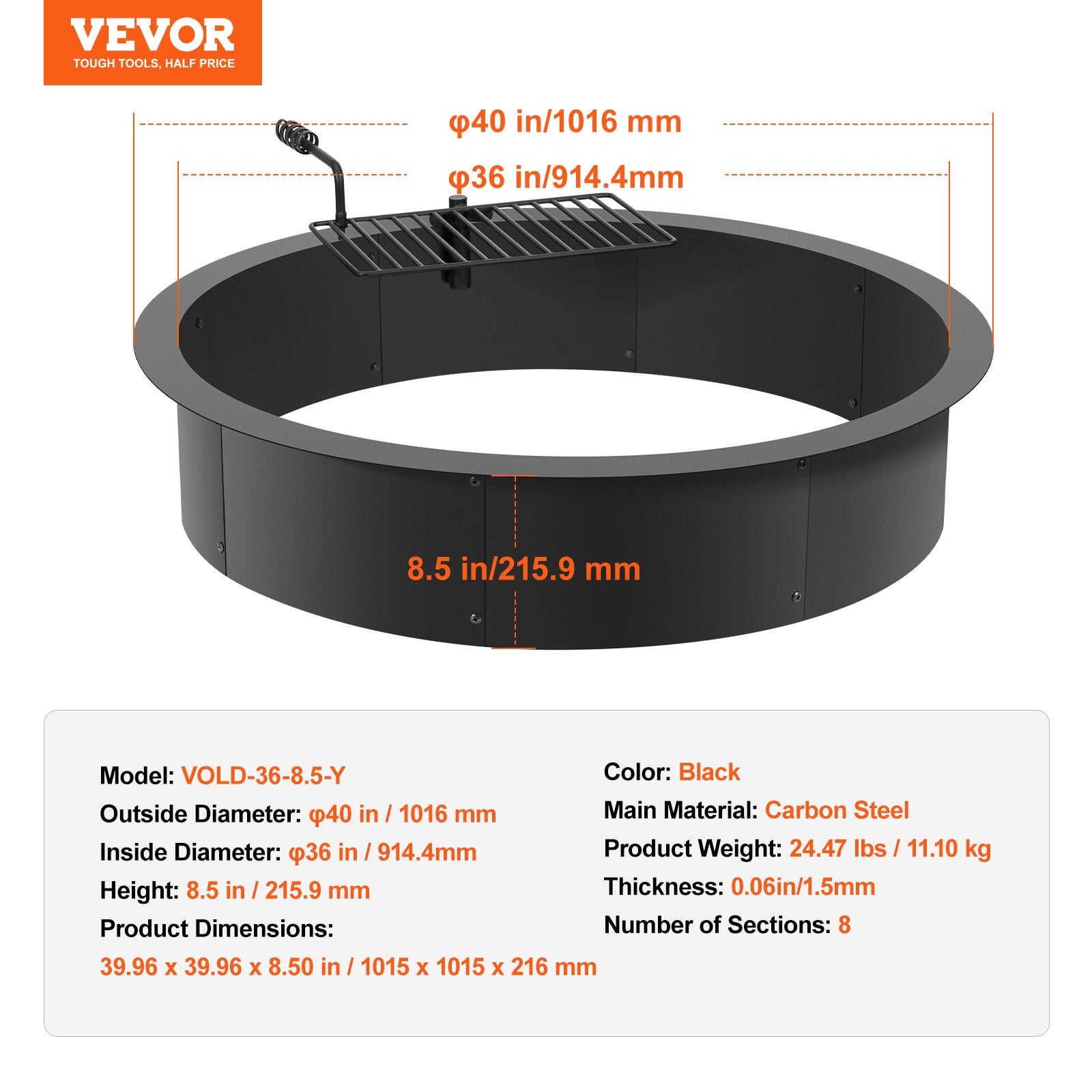 Laužavietės žiedas VEVOR VOLD-36-8.5-Y, 101,6 cm išorinis skersmuo