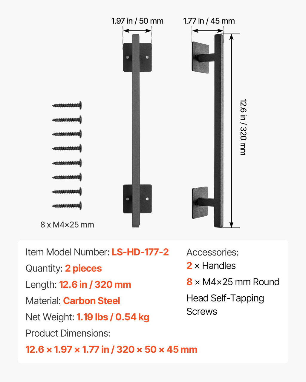 Stumdomų durų rankena VEVOR LS-HD-177-2, 320 mm, 2 vnt.