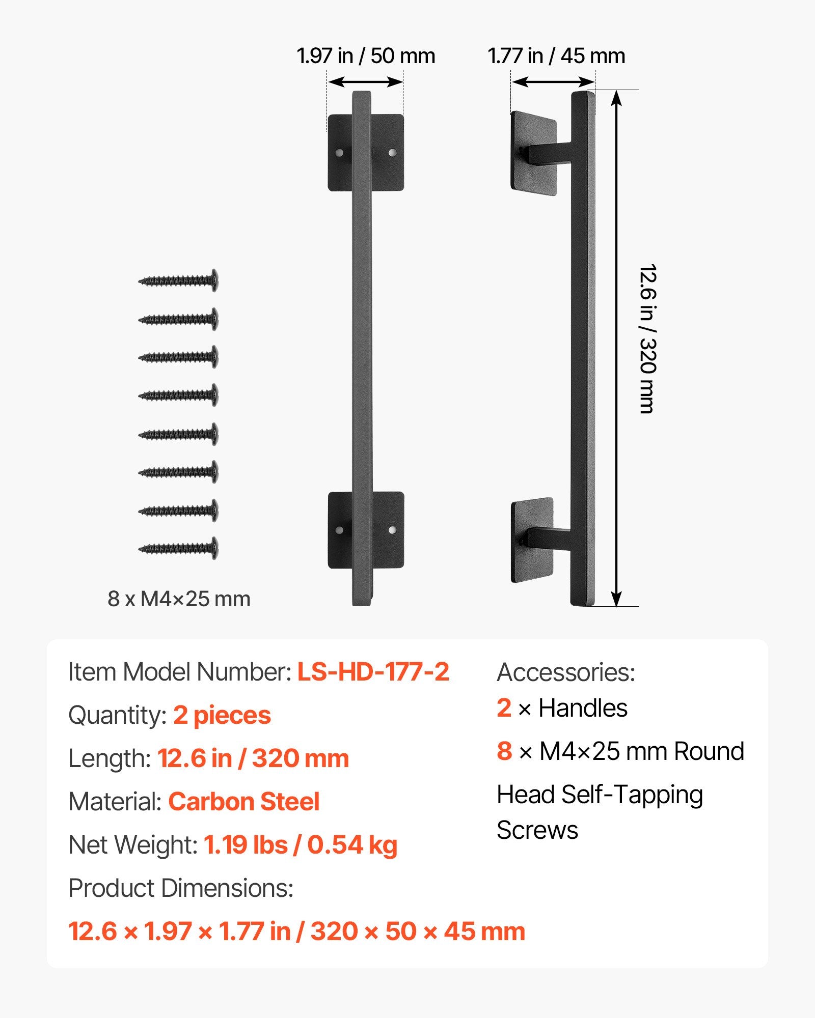 Stumdomų durų rankena VEVOR LS-HD-177-2, 320 mm, 2 vnt.