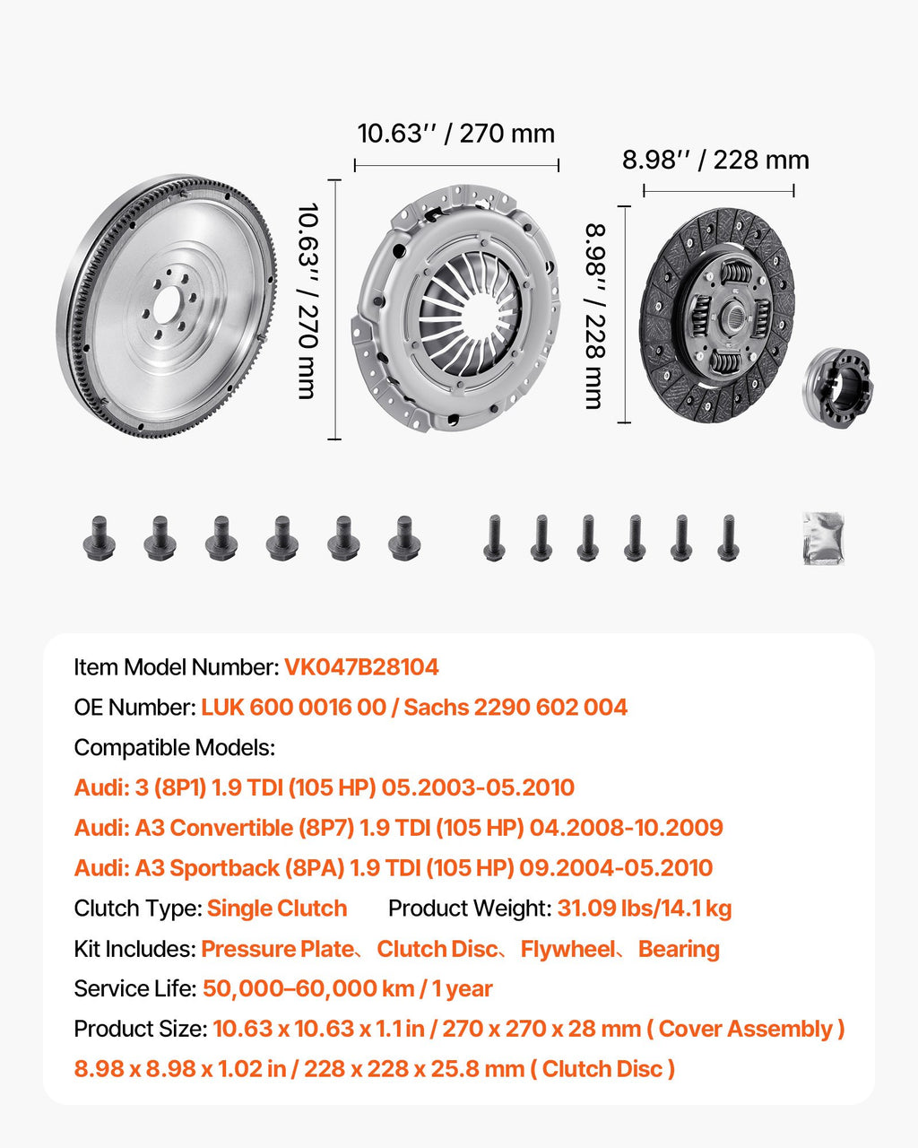 Sankabos komplektas su smagračiu VEVOR VK047B28104, skirtas Audi A3 1.9 TDI