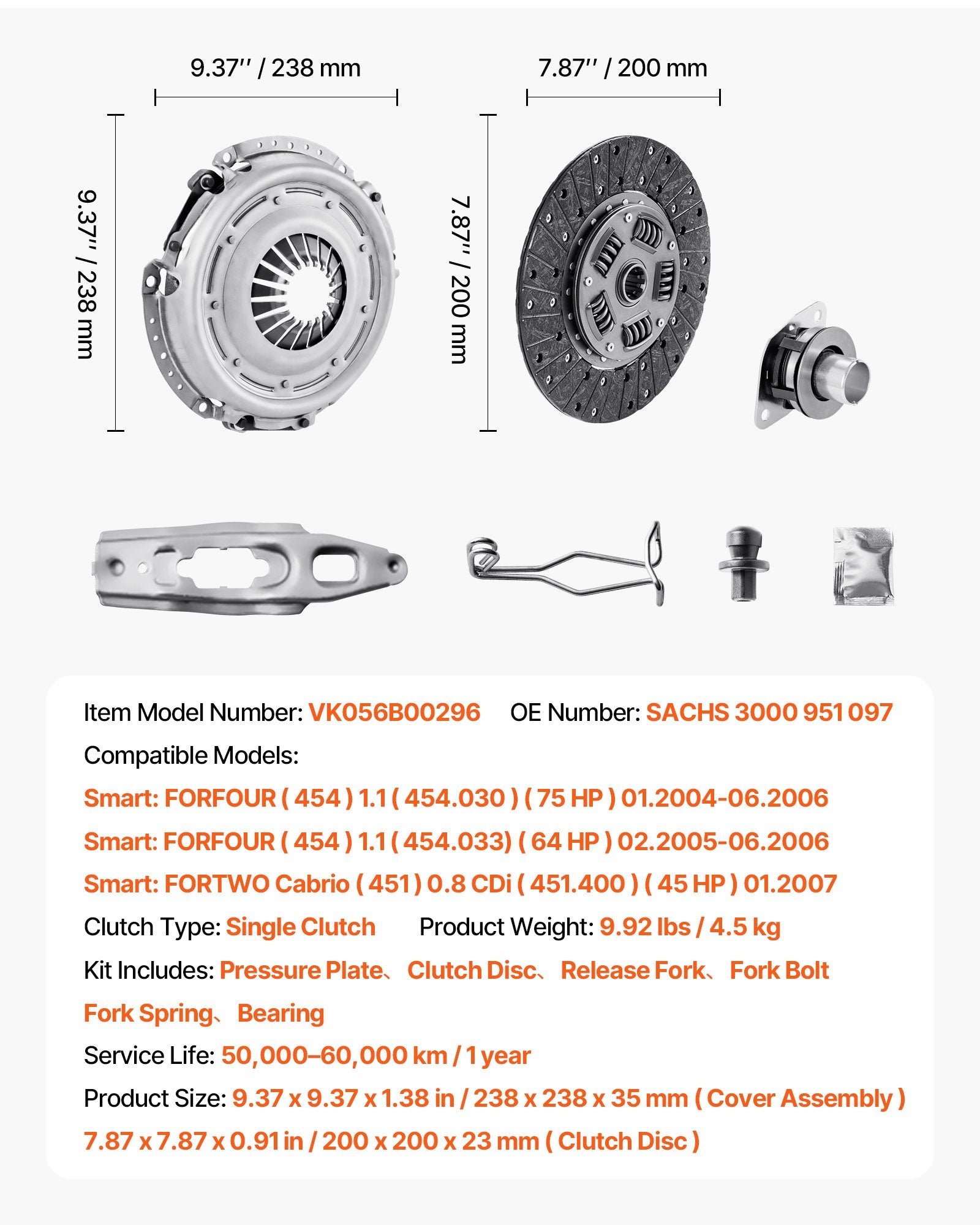 Sankabos komplektas VEVOR VK056B00296, skirtas Smart Forfour / Fortwo