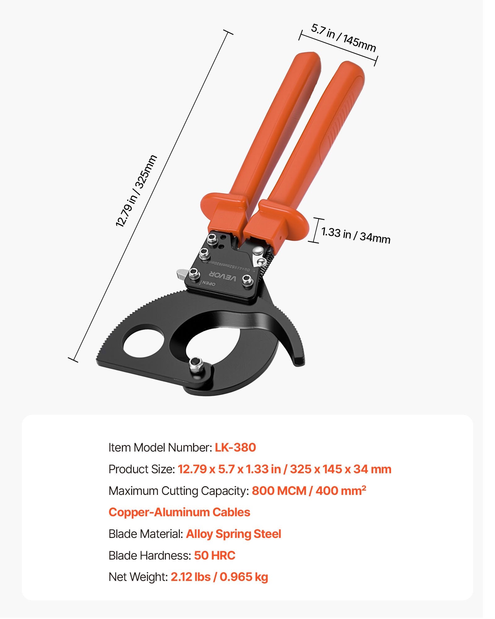 Kabelių žirklės su terkšle VEVOR LK-380, iki 400 mm²