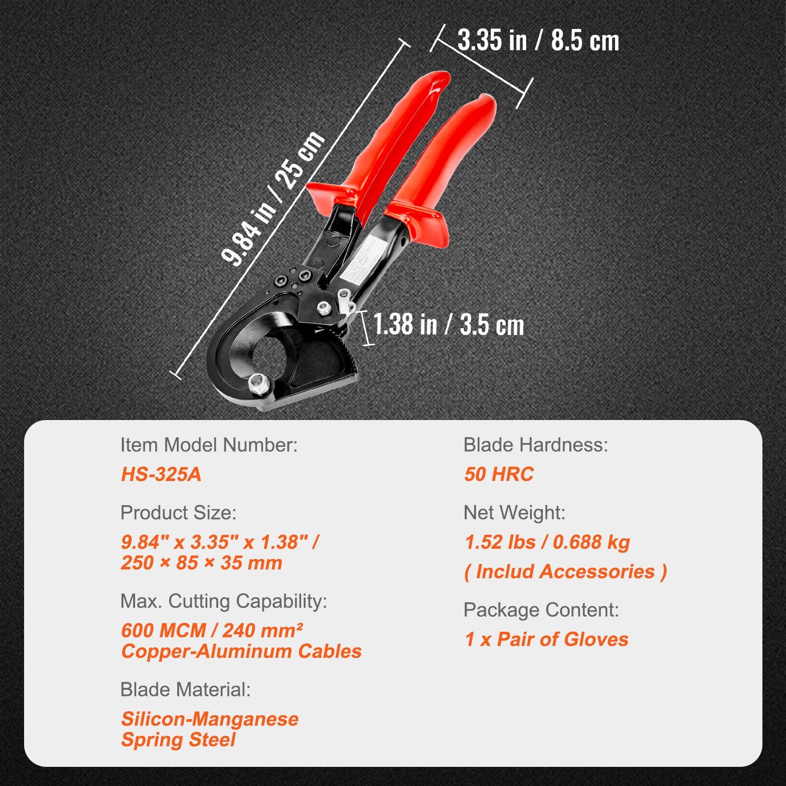 Reketinis kabelių kirpimo įrankis VEVOR HS-325A, 240 mm²