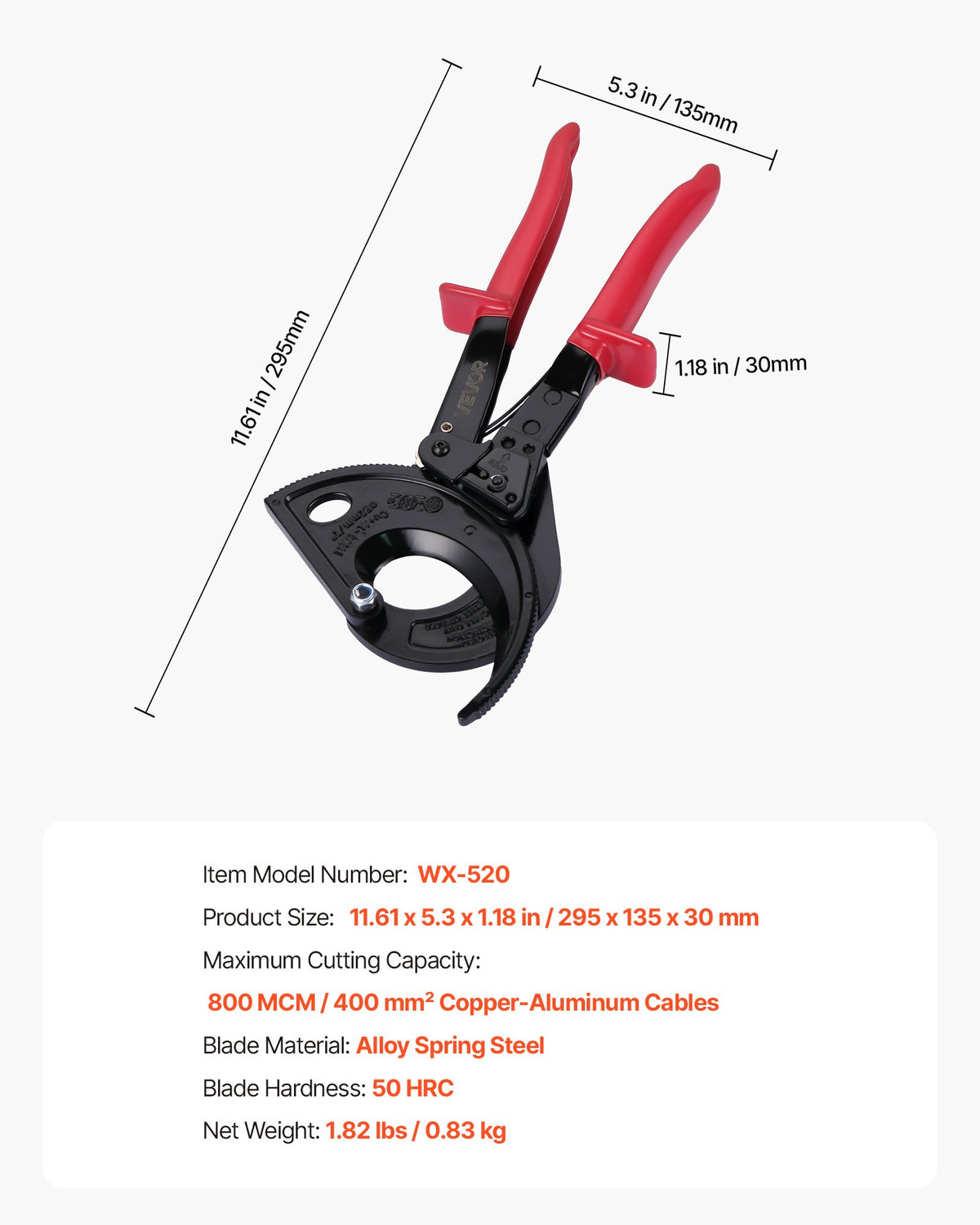 Ratchetinis kabelių kirpimo įrankis VEVOR WX-520, iki 400 mm²