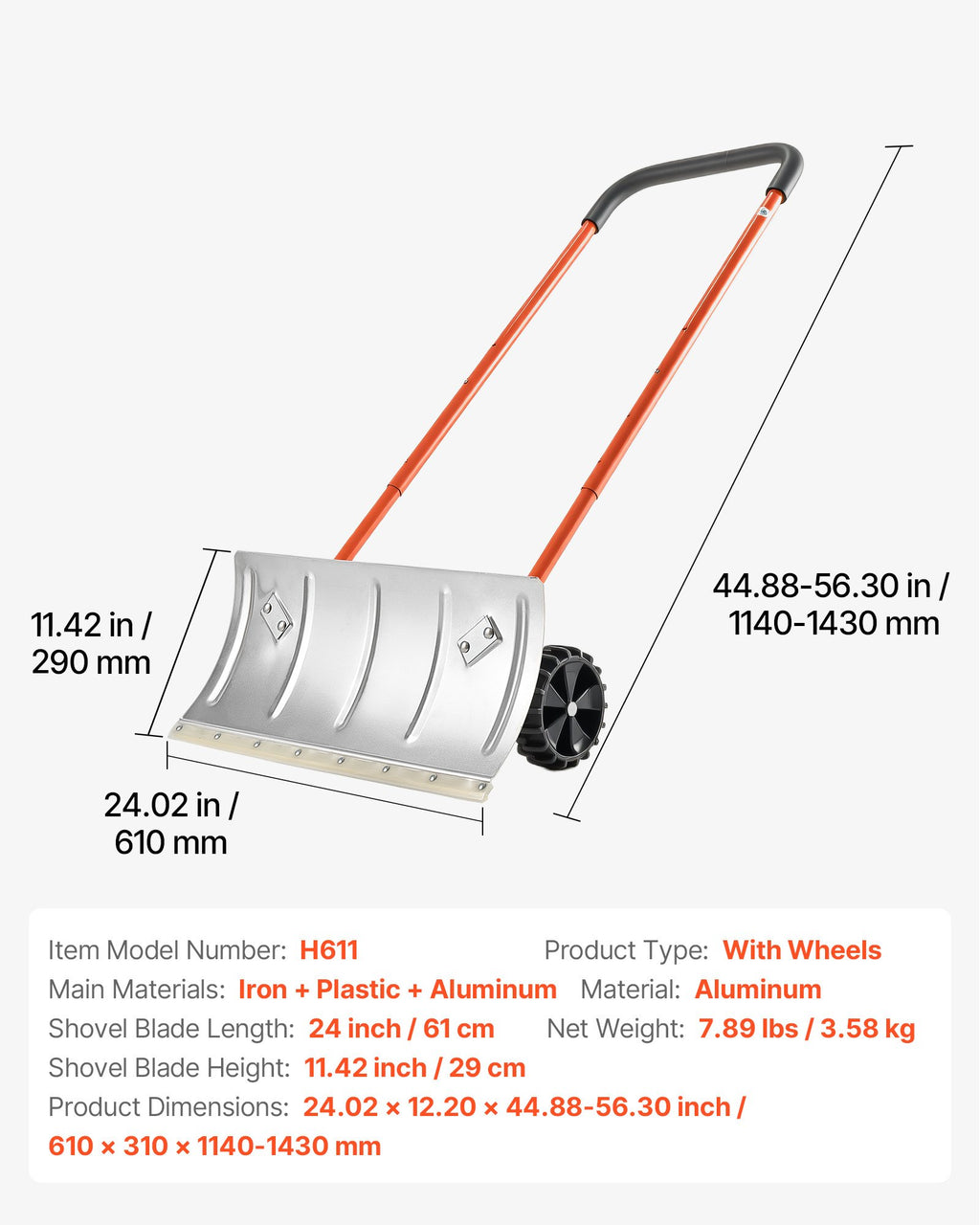 Sniego stumtuvas su ratais VEVOR H611, 61 cm plotis