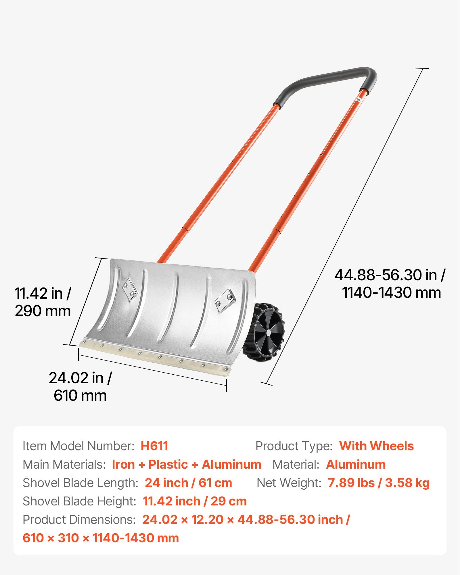 Sniego stumtuvas su ratais VEVOR H611, 61 cm plotis