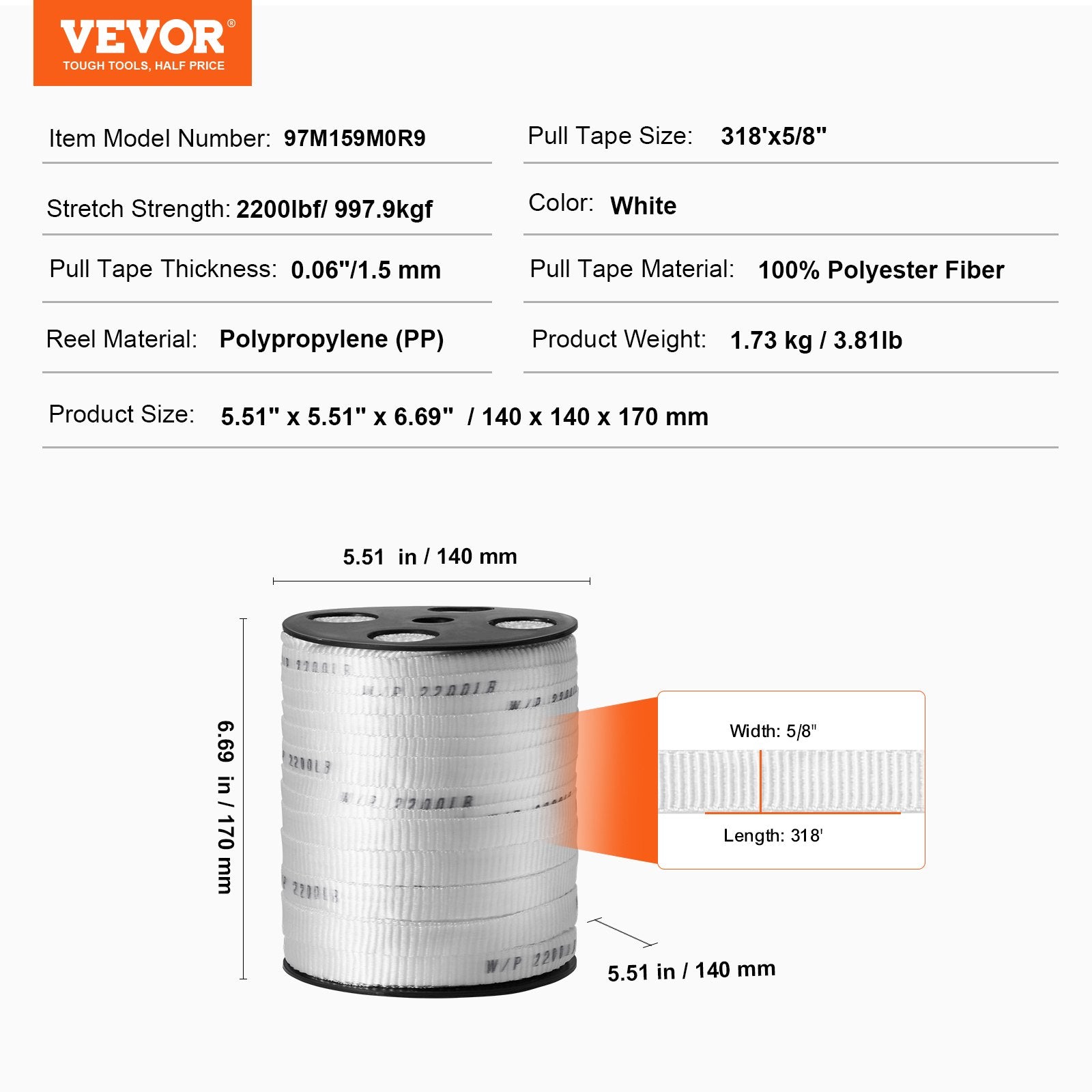 Poliesterio traukimo juosta VEVOR 97M159M0R9, 998 kg tempimo jėga