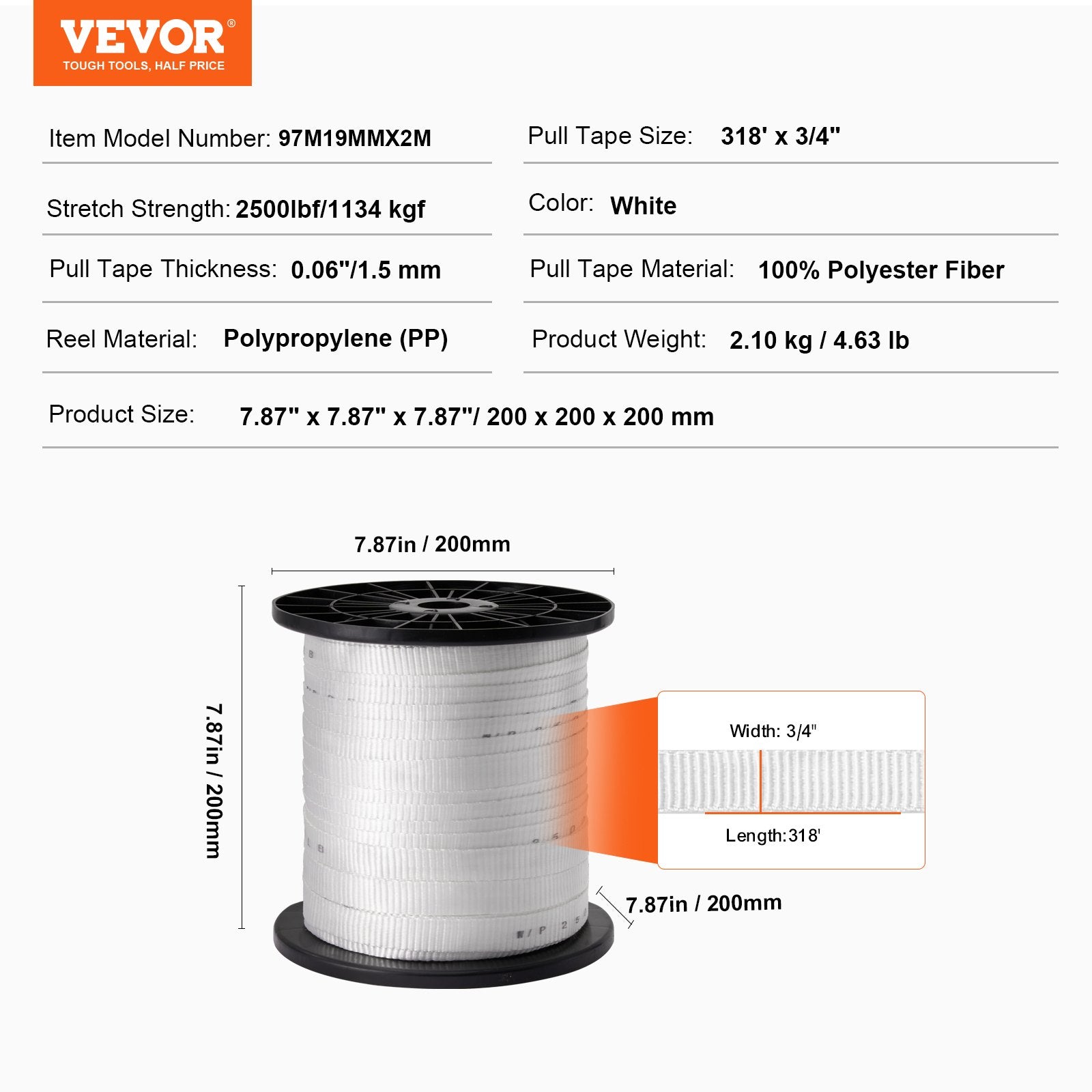 Poliesterio tempimo juosta VEVOR 97M19MMX2M, 1134 kg trūkimo jėga