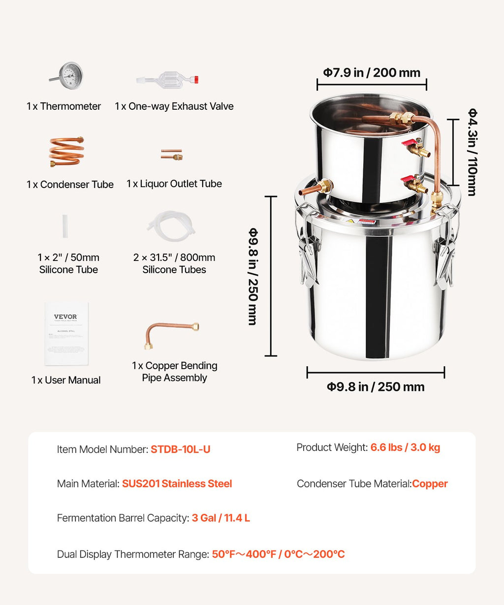 Alkoholio distiliavimo aparatas VEVOR STDB-10L, 11,4 l