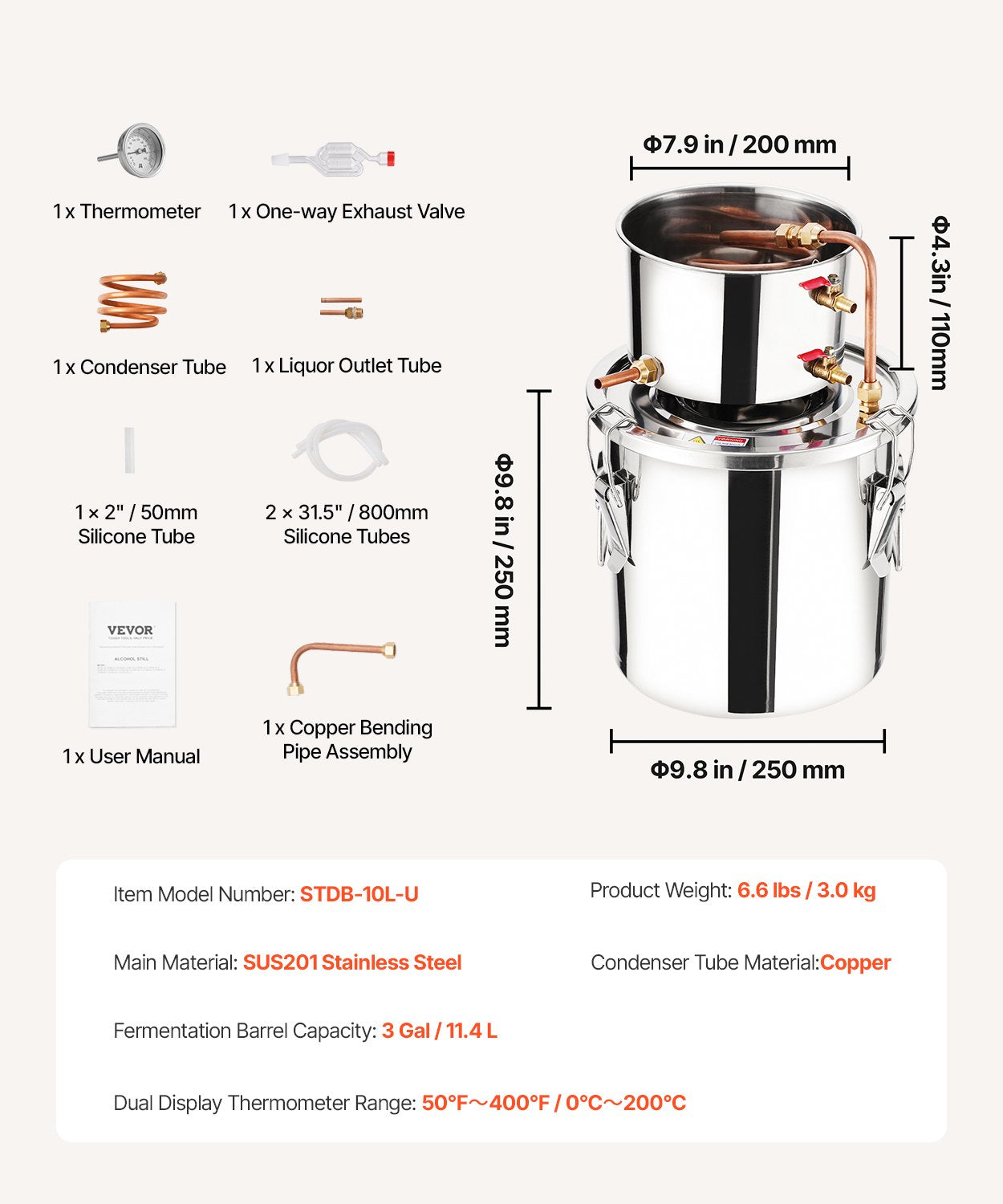 Alkoholio distiliavimo aparatas VEVOR STDB-10L, 11,4 l