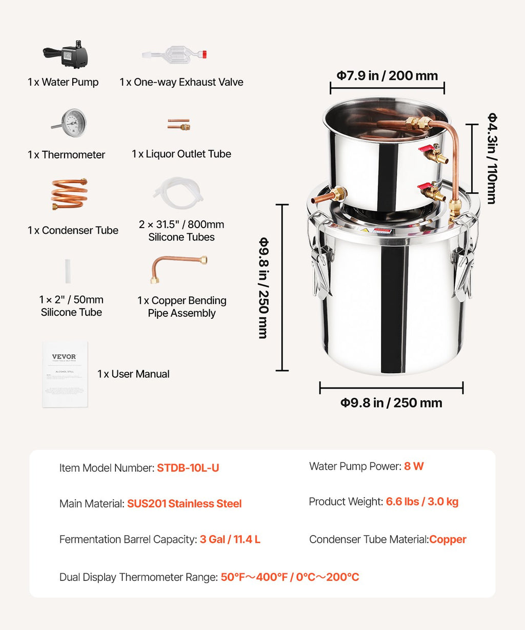 Distiliatorius VEVOR STDB-10L-U, 11,4 l talpos