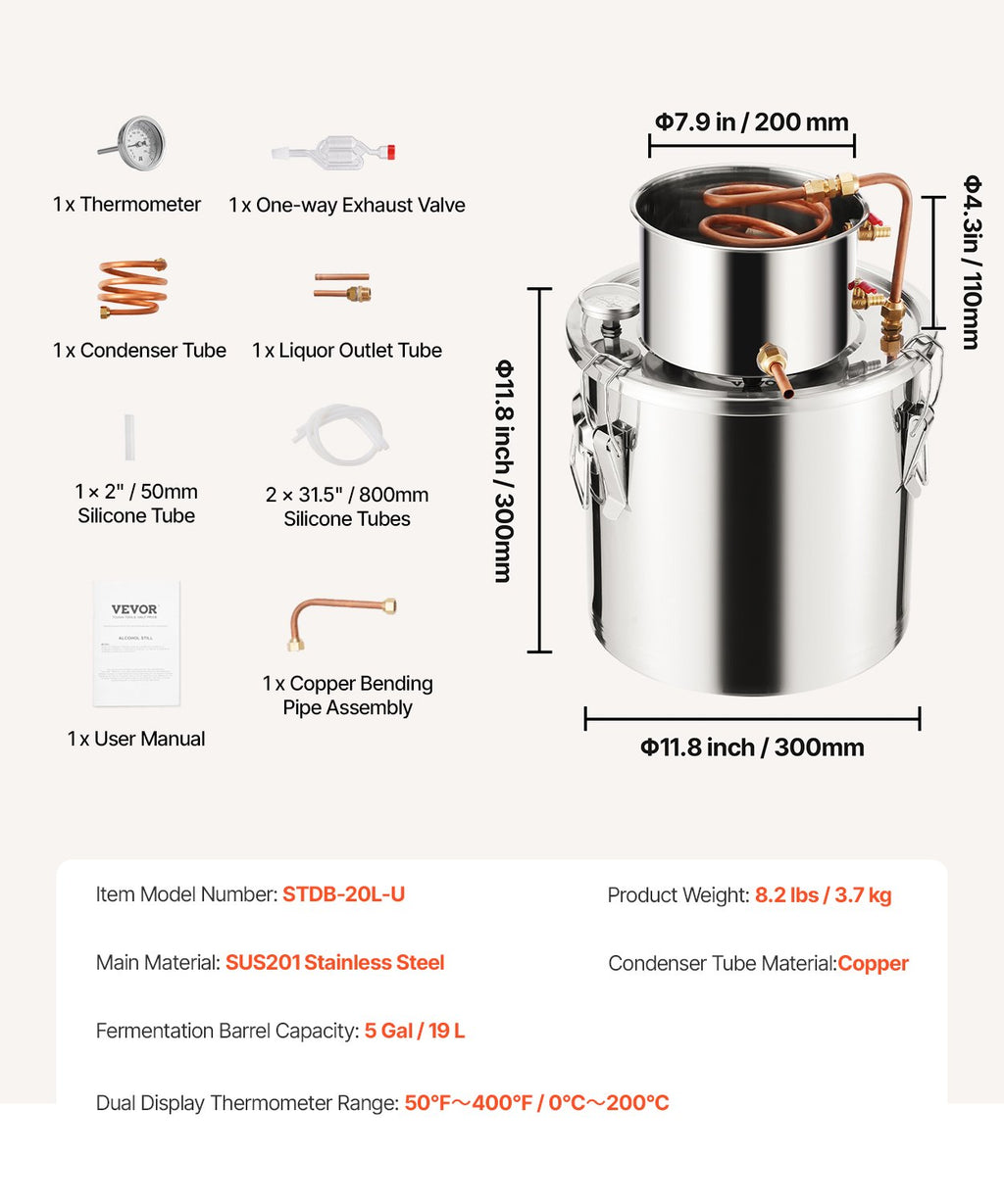 Alkoholio distiliavimo aparatas VEVOR STDB-20L, 19 l