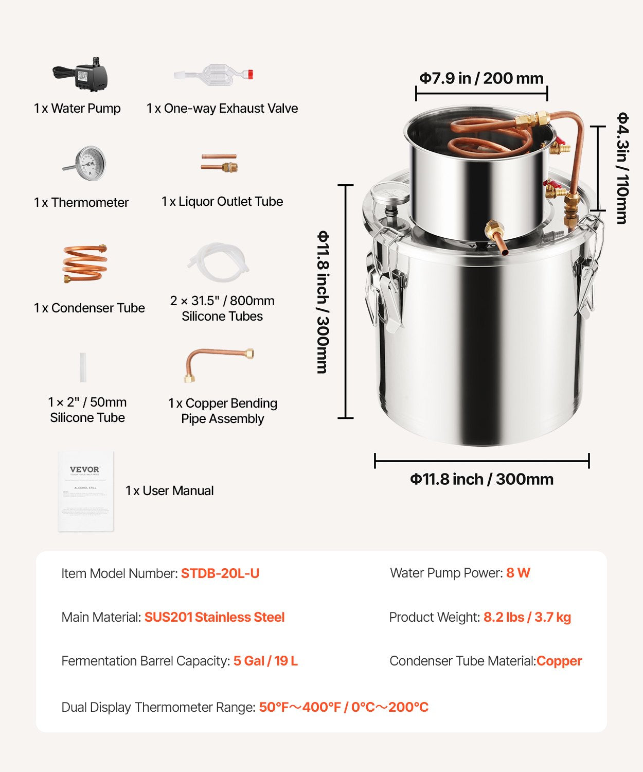 Alkoholio distiliavimo aparatas VEVOR STDB-20L-U, 19 l