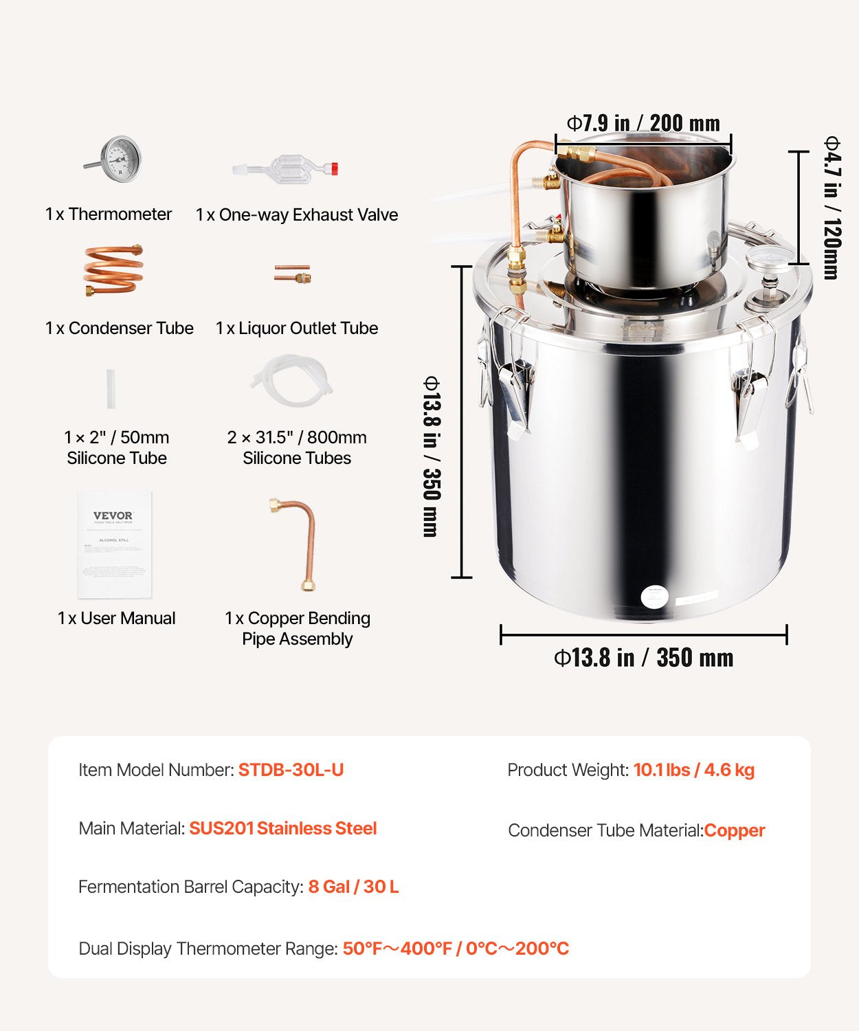 Distiliatorius VEVOR STDB-30L, 30 l