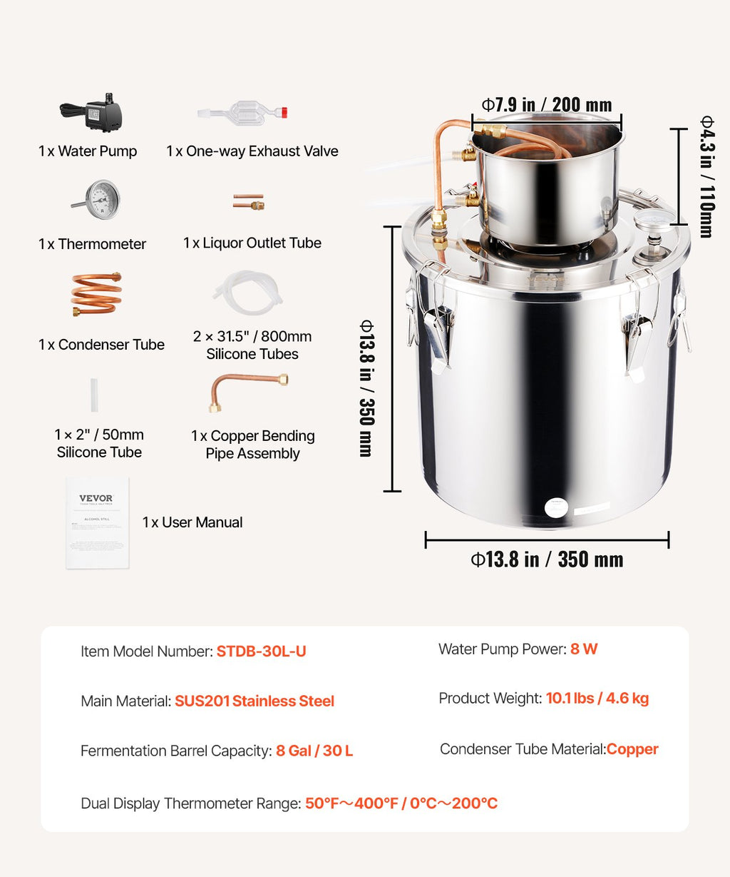 Alkoholio distiliavimo aparatas VEVOR STDB-30L-U, 30 l