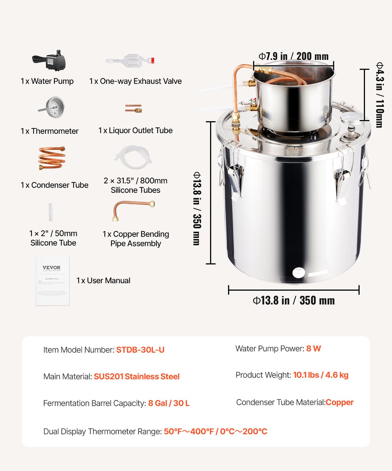 Alkoholio distiliavimo aparatas VEVOR STDB-30L-U, 30 l