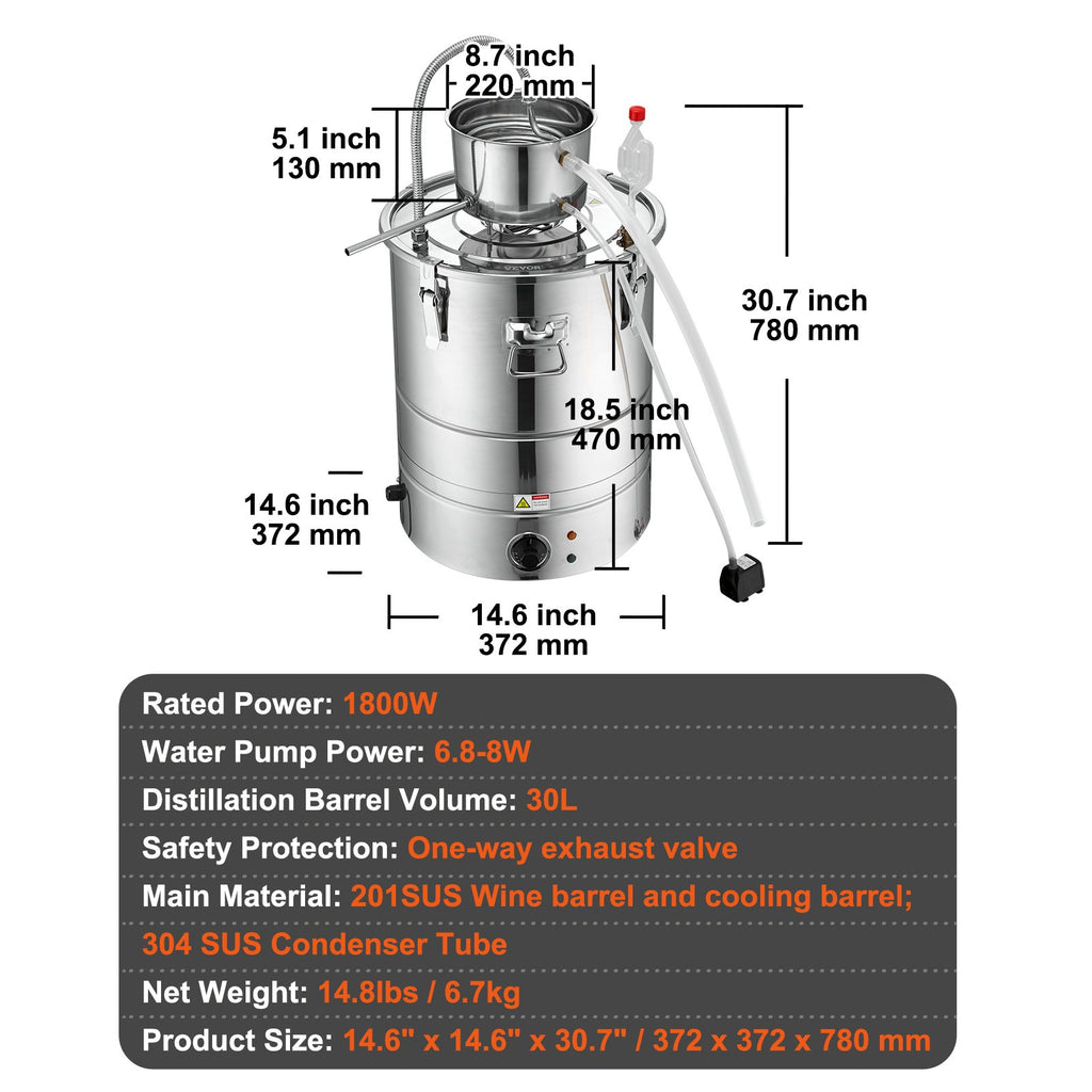 Vandens ir alkoholio distiliatorius VEVOR EZL-EH-30S-U, 30 l