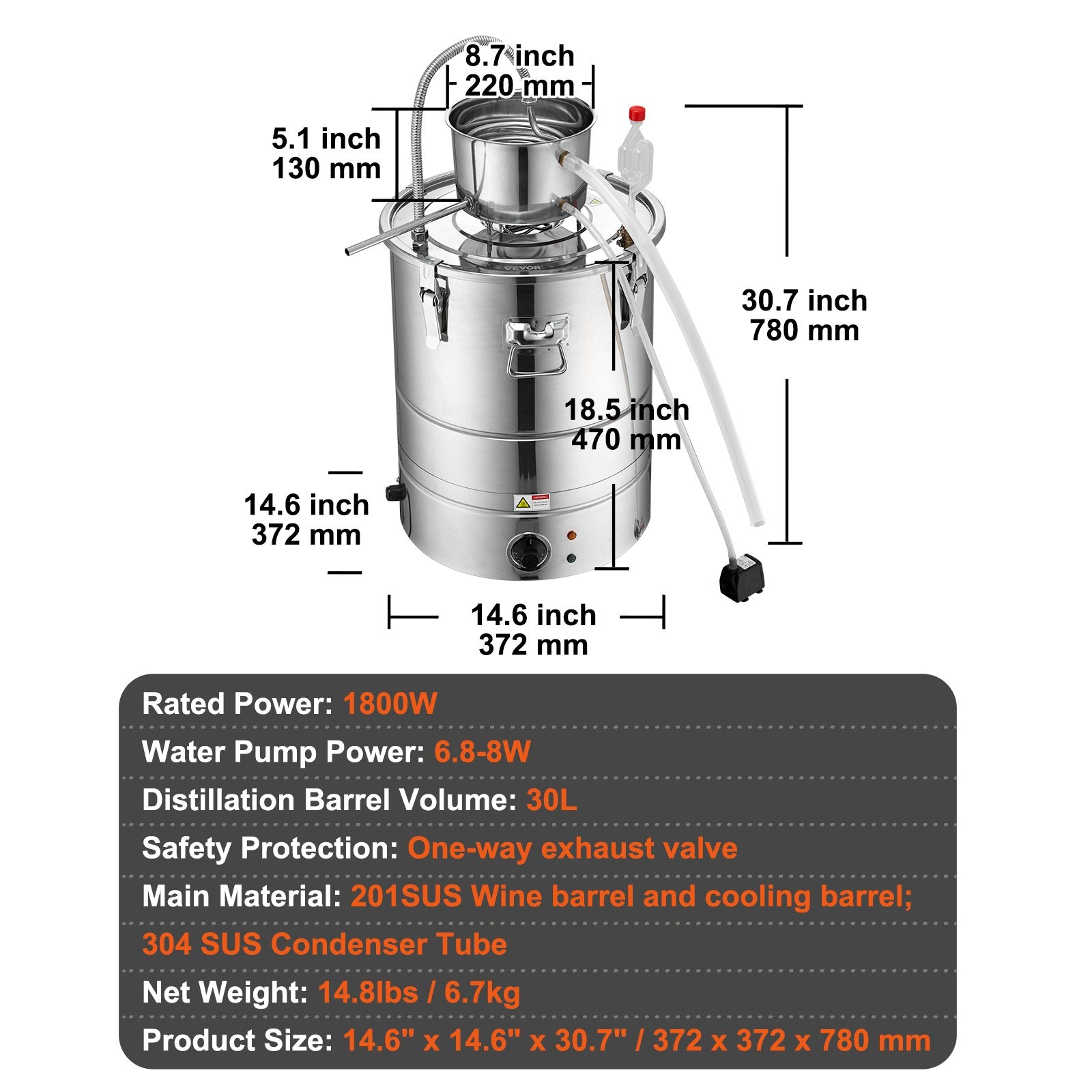 Vandens ir alkoholio distiliatorius VEVOR EZL-EH-30S-U, 30 l