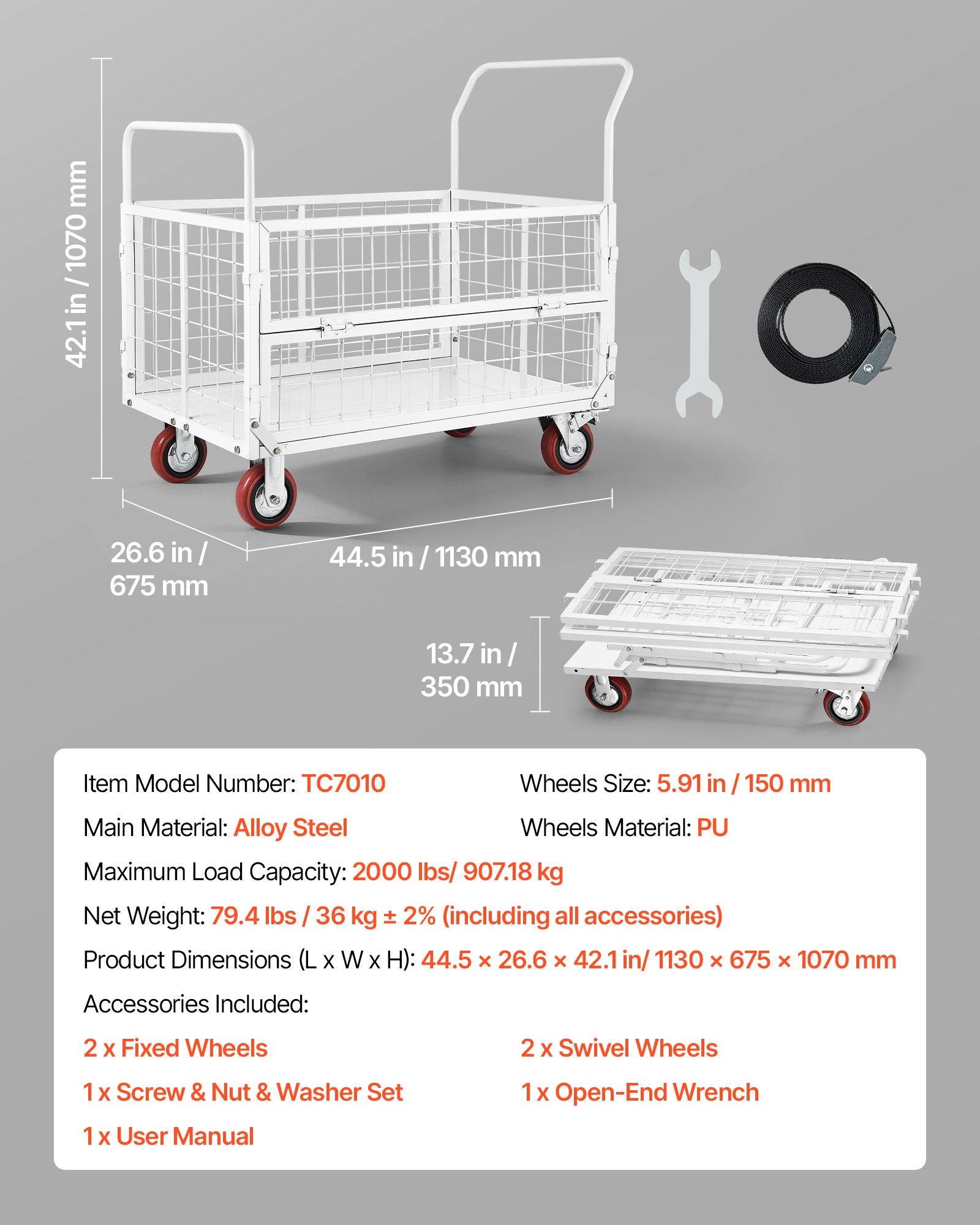 Platforminis vežimėlis su bortais VEVOR TC7010, 907 kg keliamoji galia