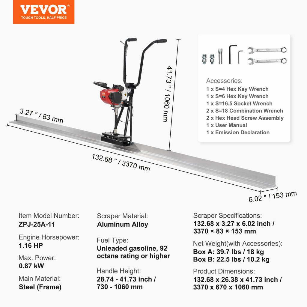 Benzinė betono lyginimo liniuotė VEVOR ZPJ-25A-11, 3370 mm