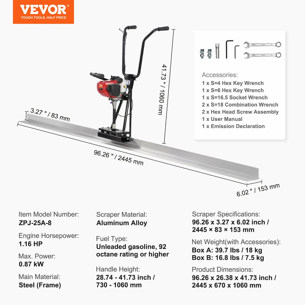 Benzininė betono lyginimo liniuotė VEVOR ZPJ-25A-8, 2445 mm