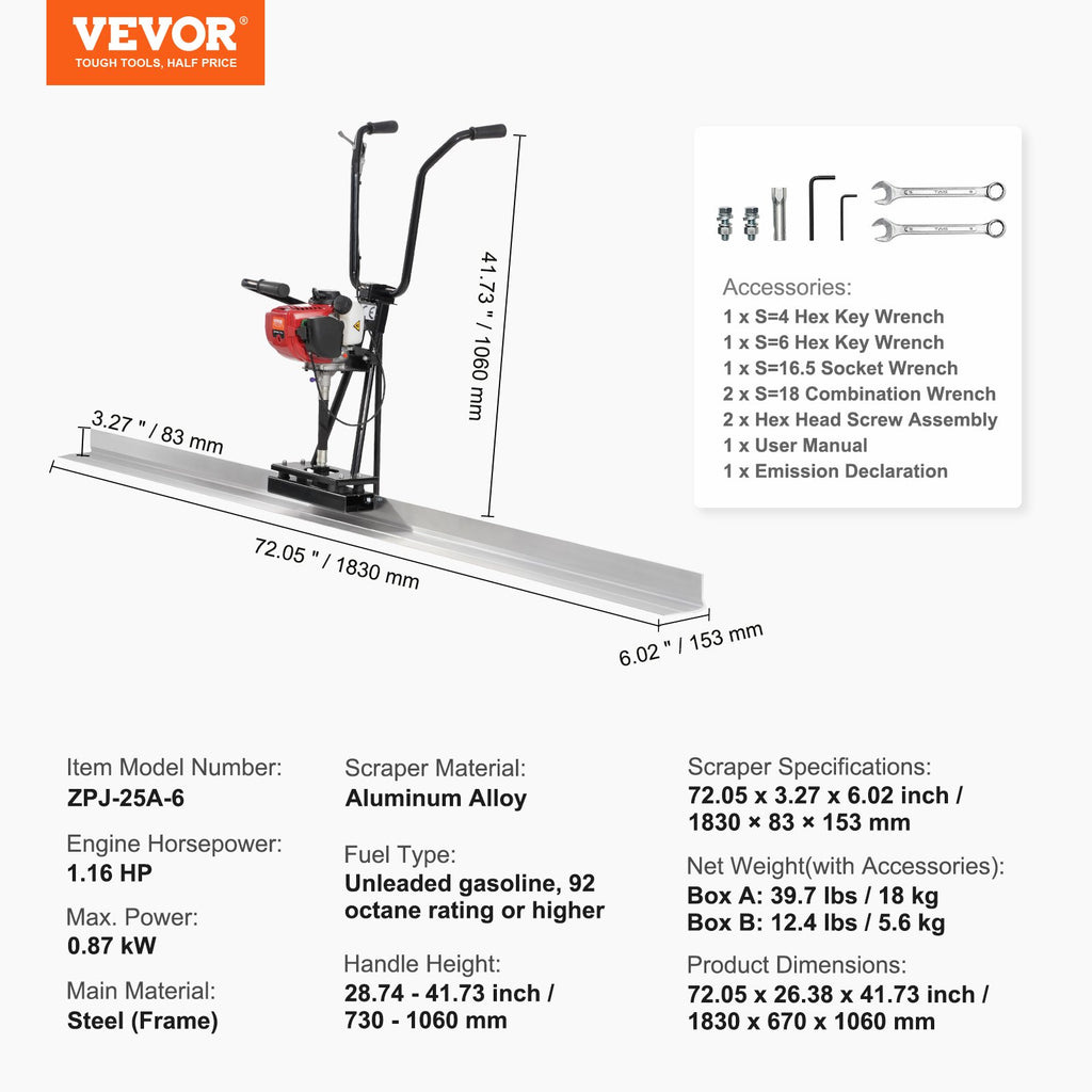 Benzinė betono liniuotė VEVOR ZPJ-25A-6, 1830 mm