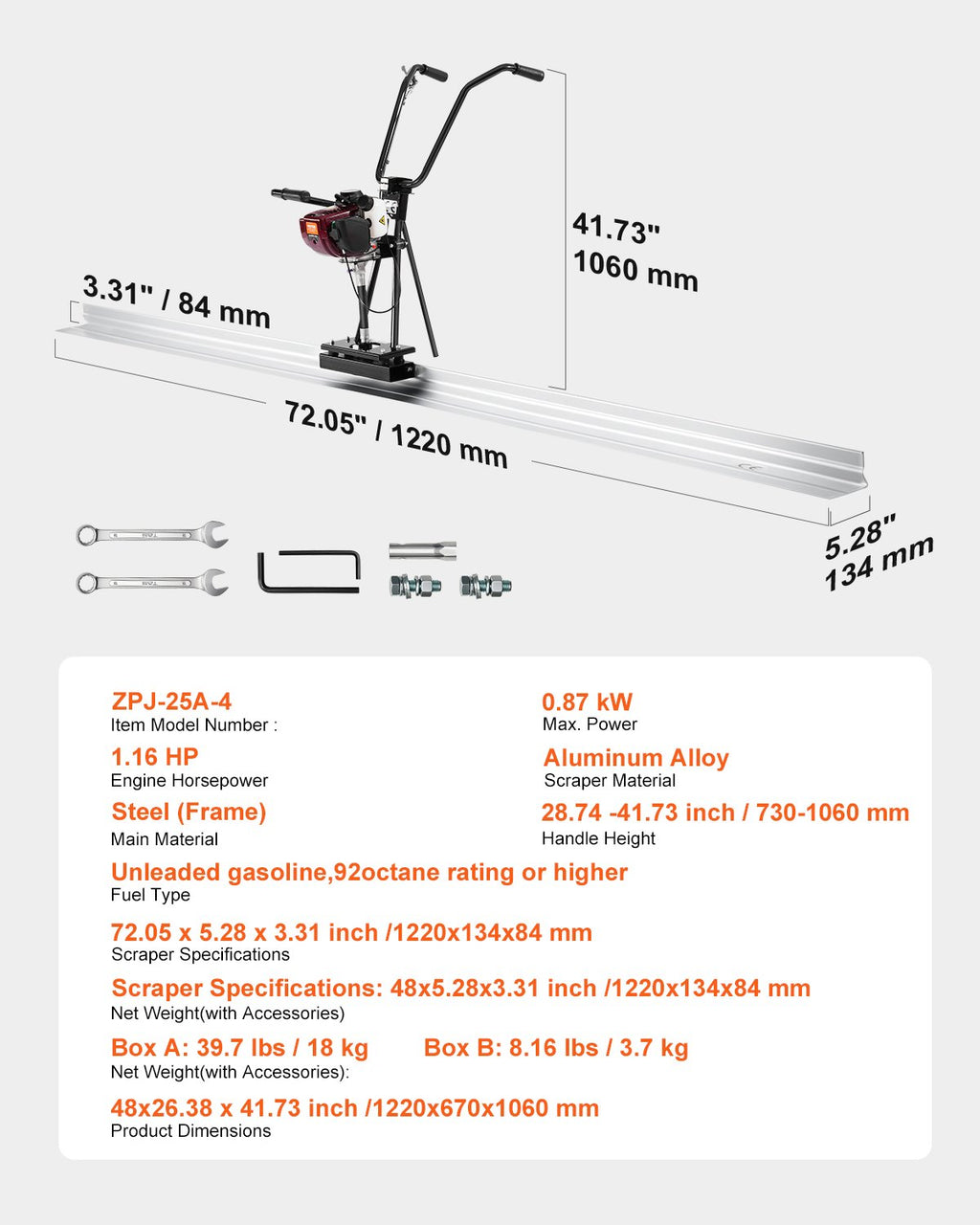Vibracinė betono liniuotė VEVOR ZPJ-25A-4, 1,2 m