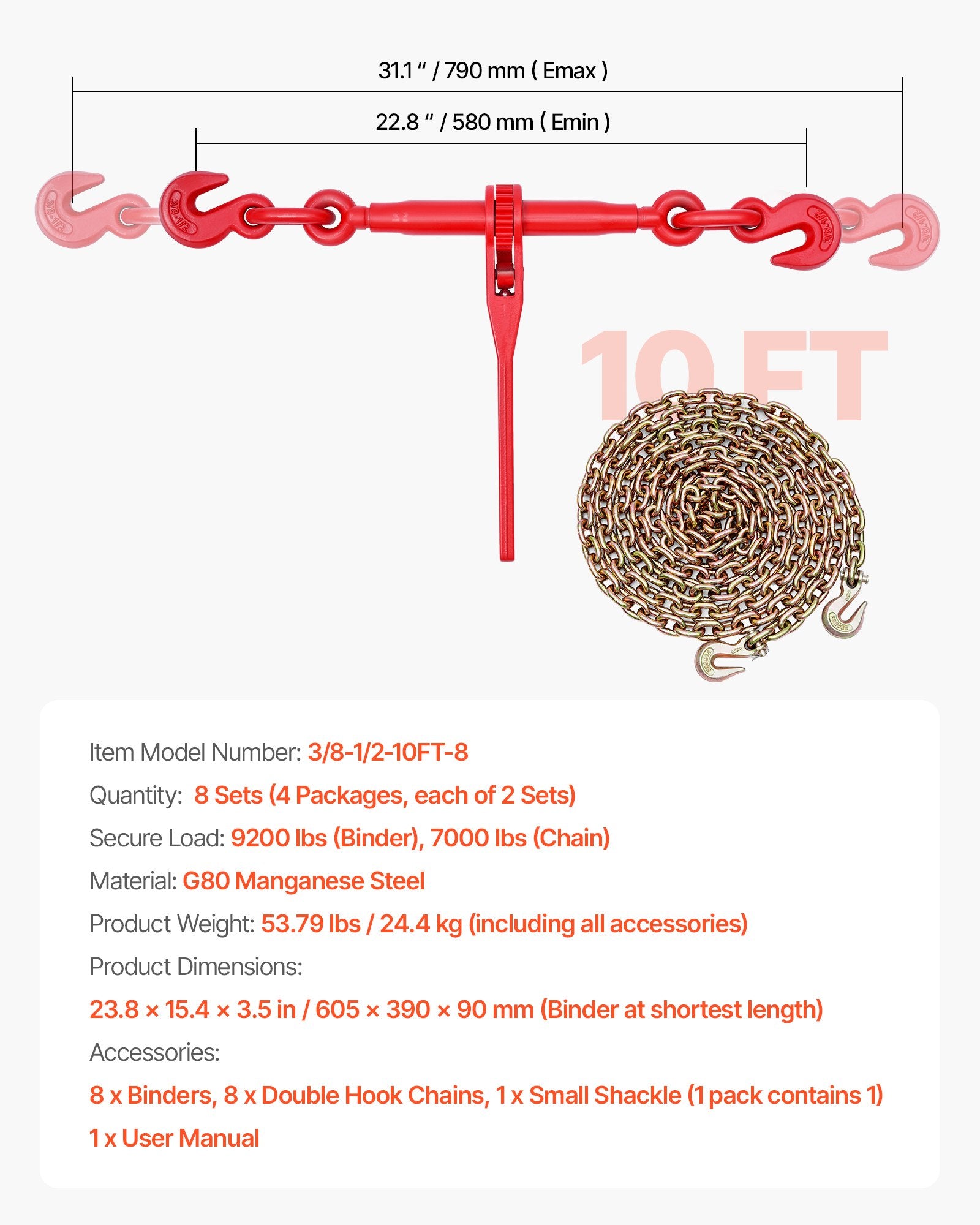 Grandinių įtempėjų ir grandinių komplektas VEVOR 3/8-1/2-10FT-8, 4173 kg