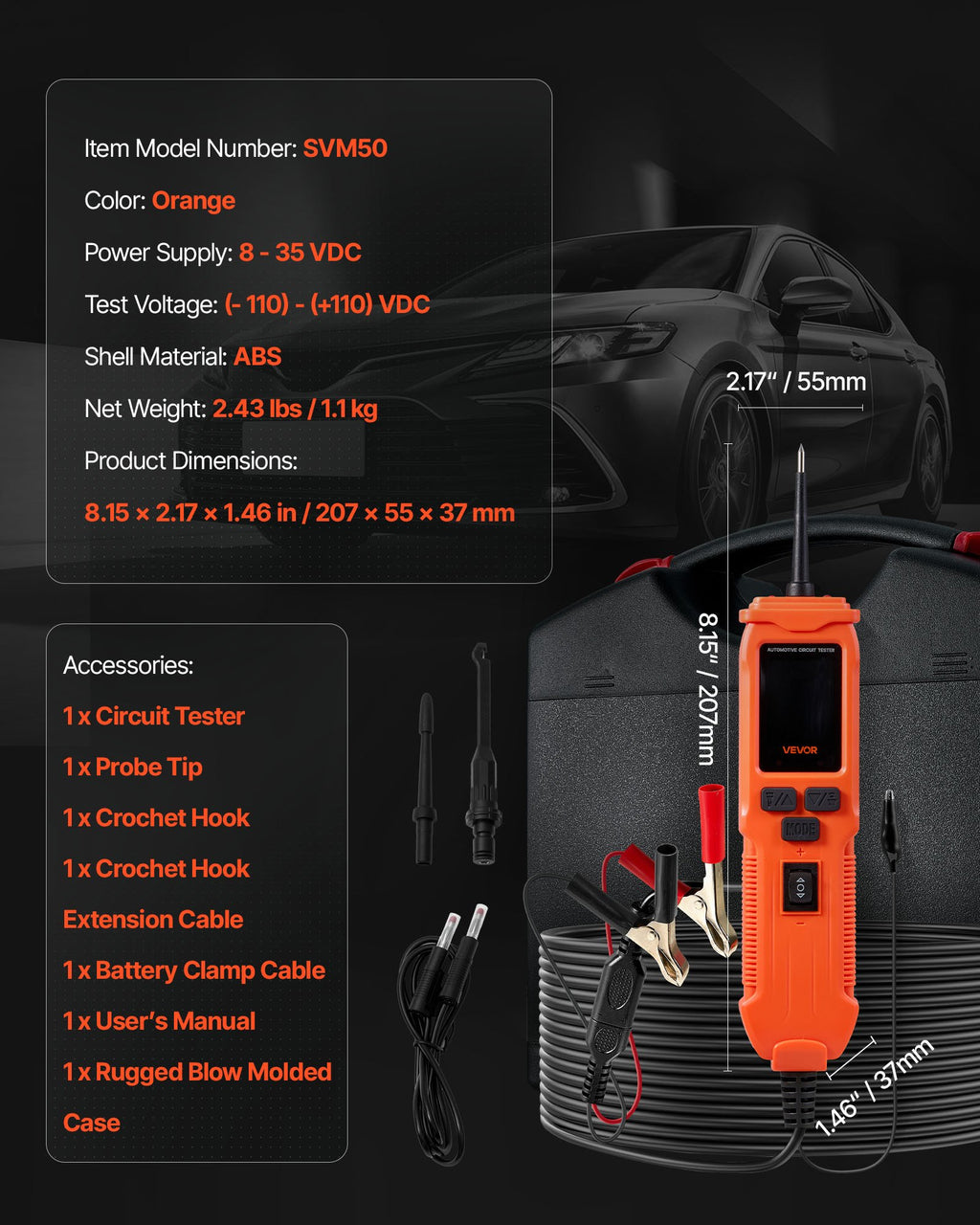 Automobilinis grandinės testeris VEVOR SVM50, 8-35V DC