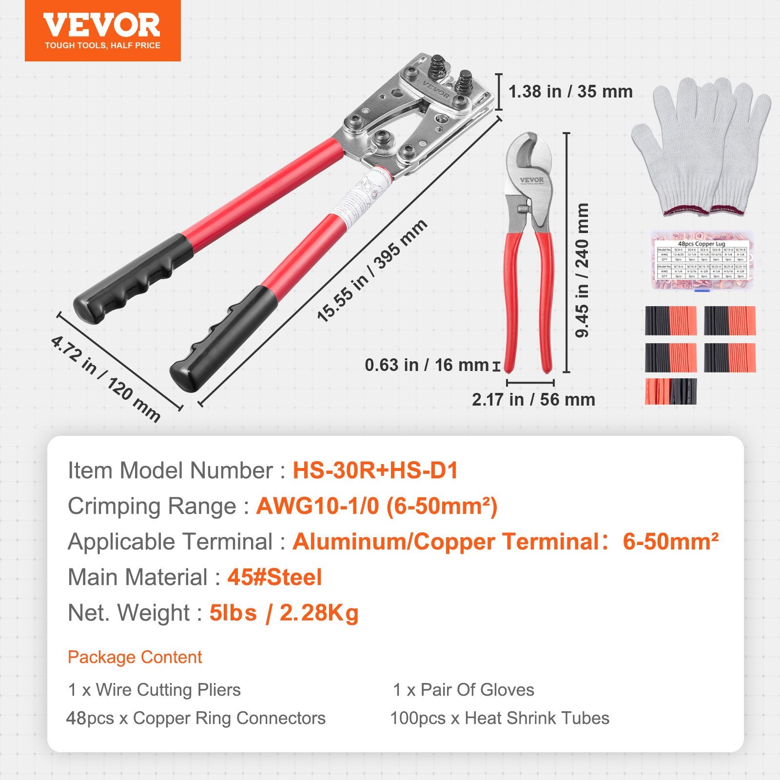 Akumuliatoriaus kabelių užspaudimo replės VEVOR HS-30R+HS-D1, 6-50 mm²