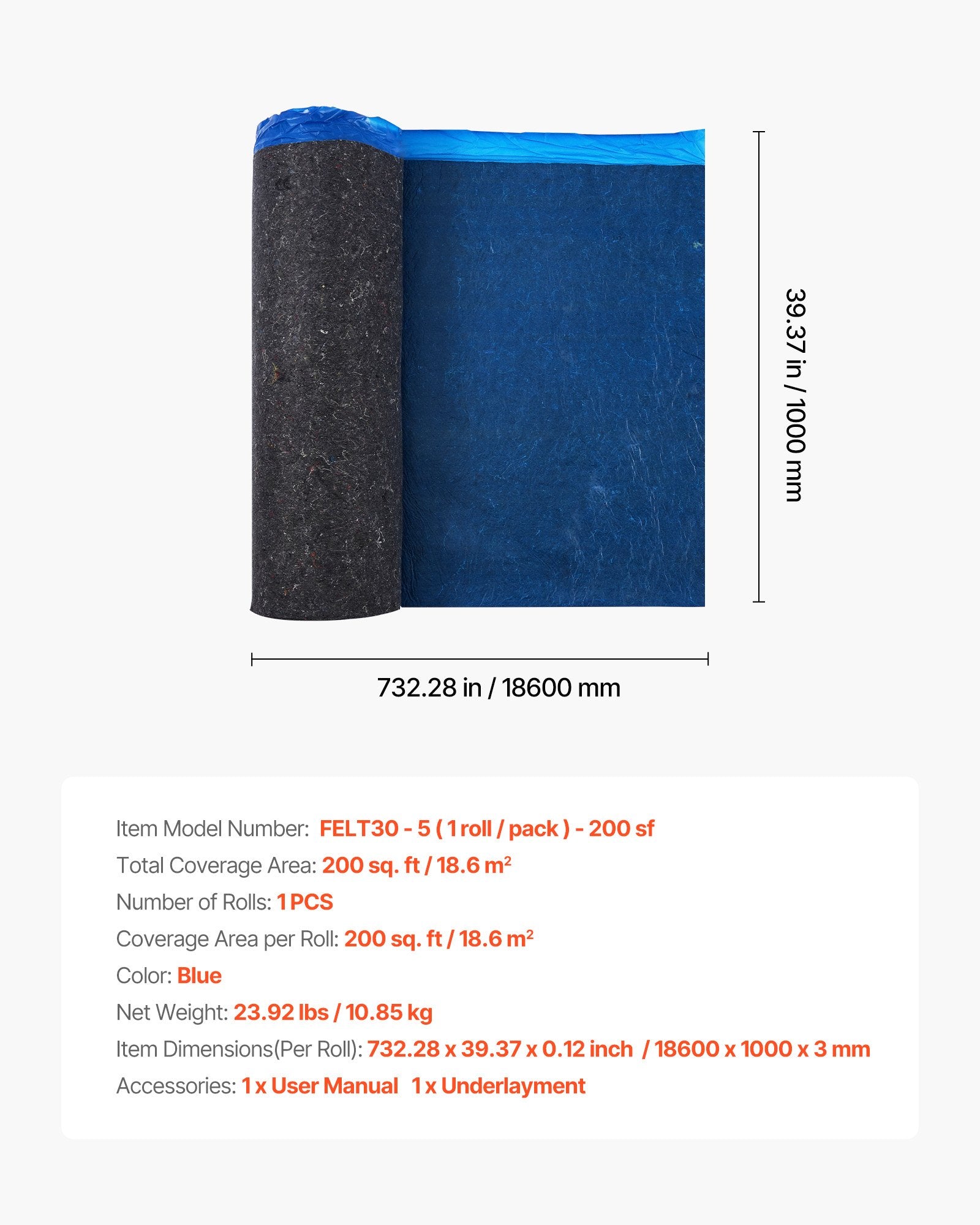 Grindų paklotas VEVOR FELT30-5, 18,6 m²