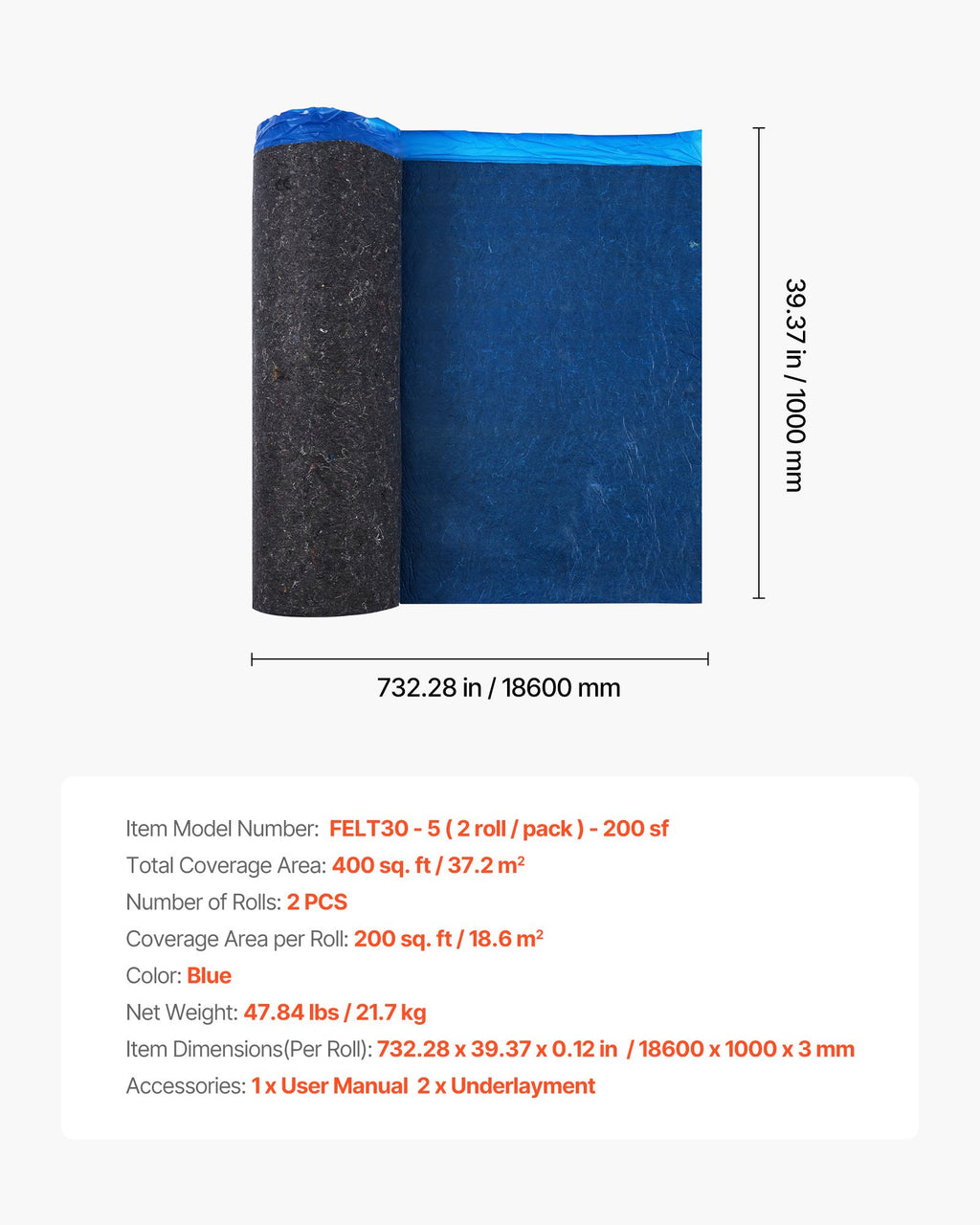 Grindų paklotas VEVOR FELT30-5, 37,2 m²