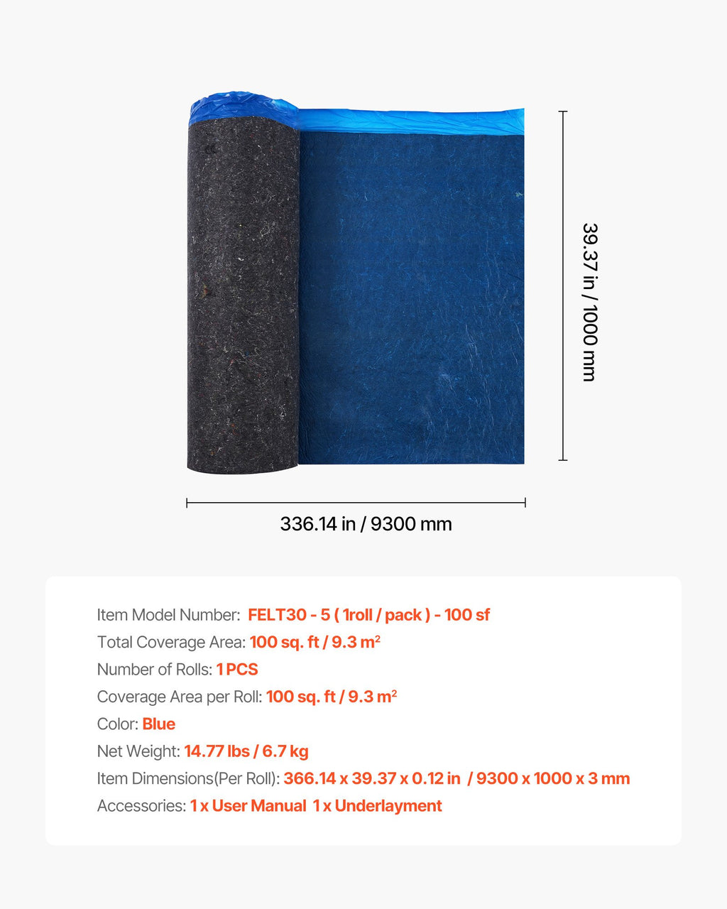 Grindų paklotas VEVOR FELT30-5, 3 mm storio, 9,3 m²